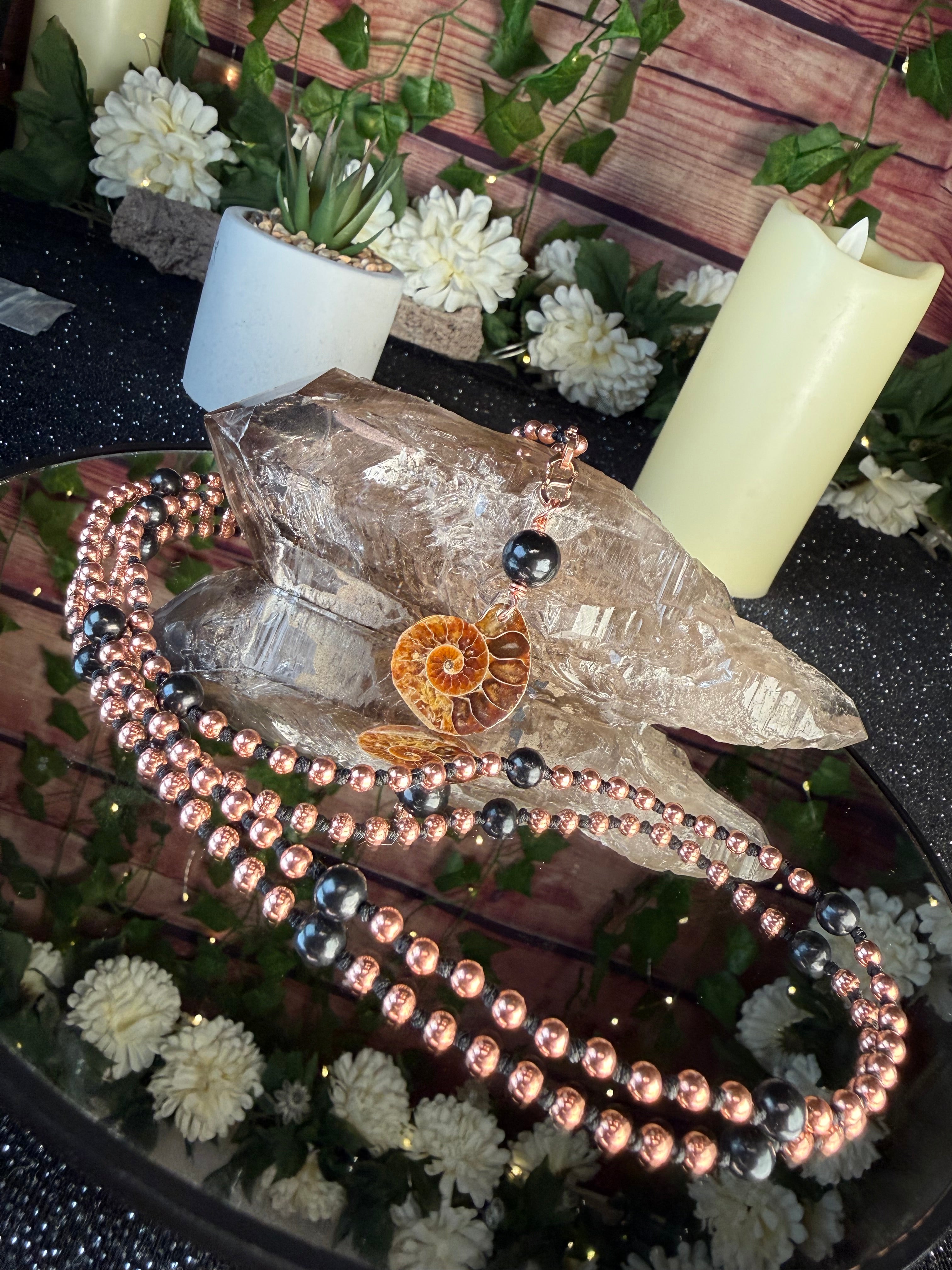 Shungite, Copper, and Ammonite Interchangeable Mala Necklace