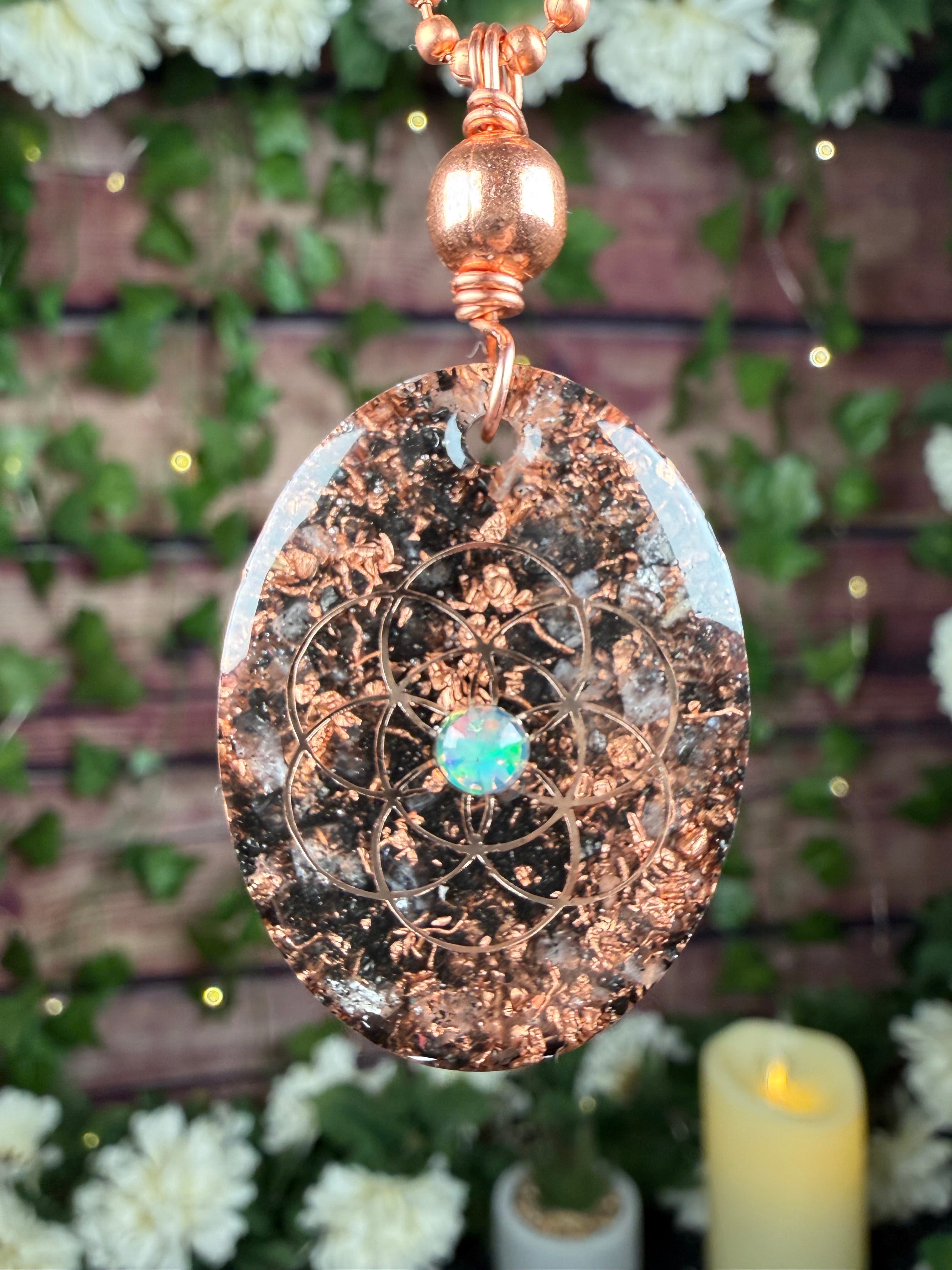 Orgonite Pendant with Elite Shungite, Clear Quartz, Diamond Quartz, Copper & Opal