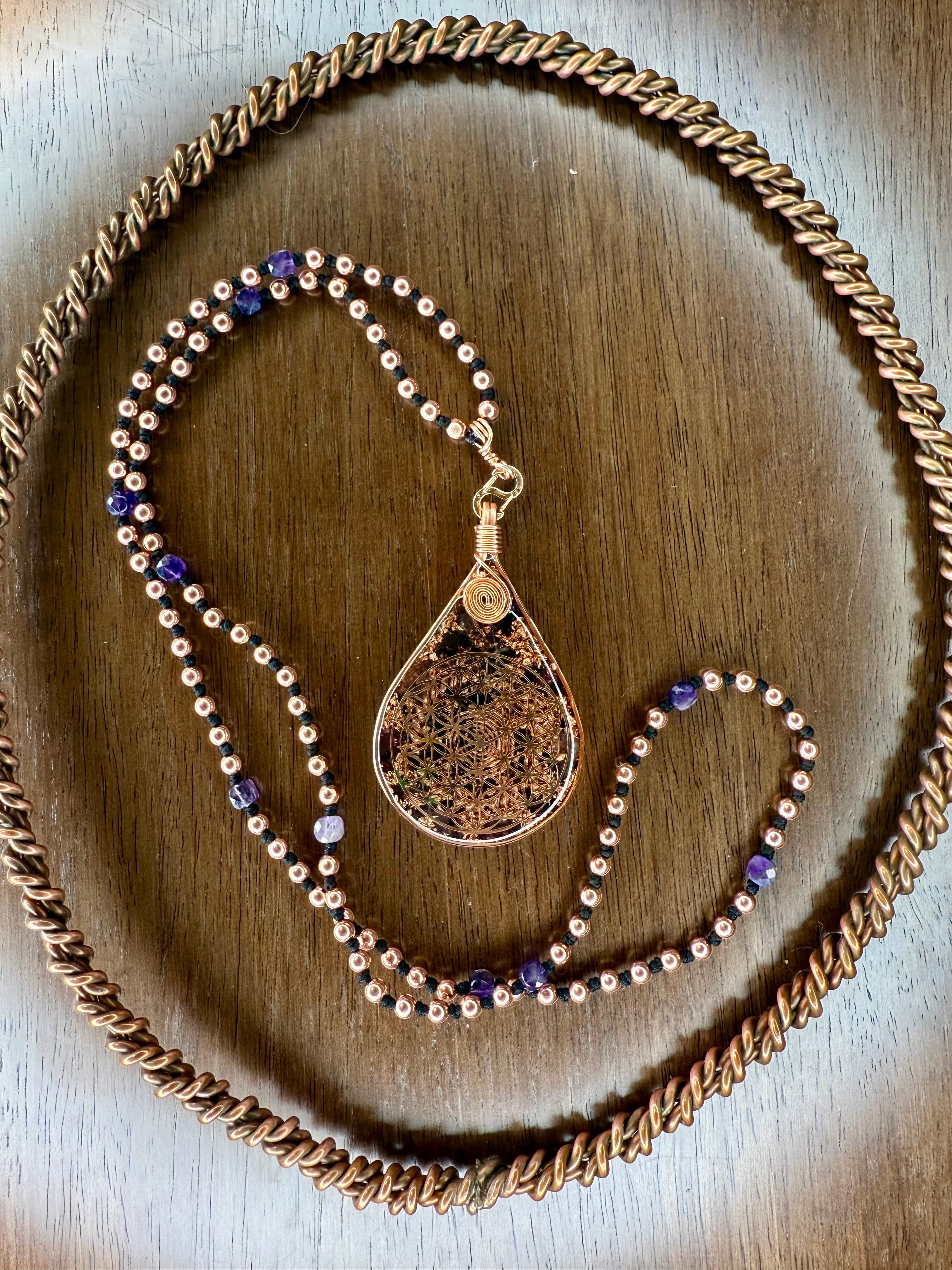 Amethyst~Flower of Life Interchangeable Copper Mala