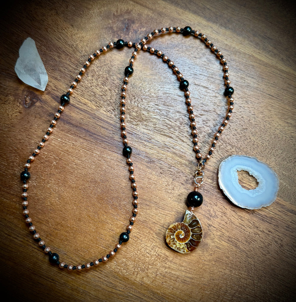 Shungite, Copper, and Ammonite Interchangeable Mala Necklace