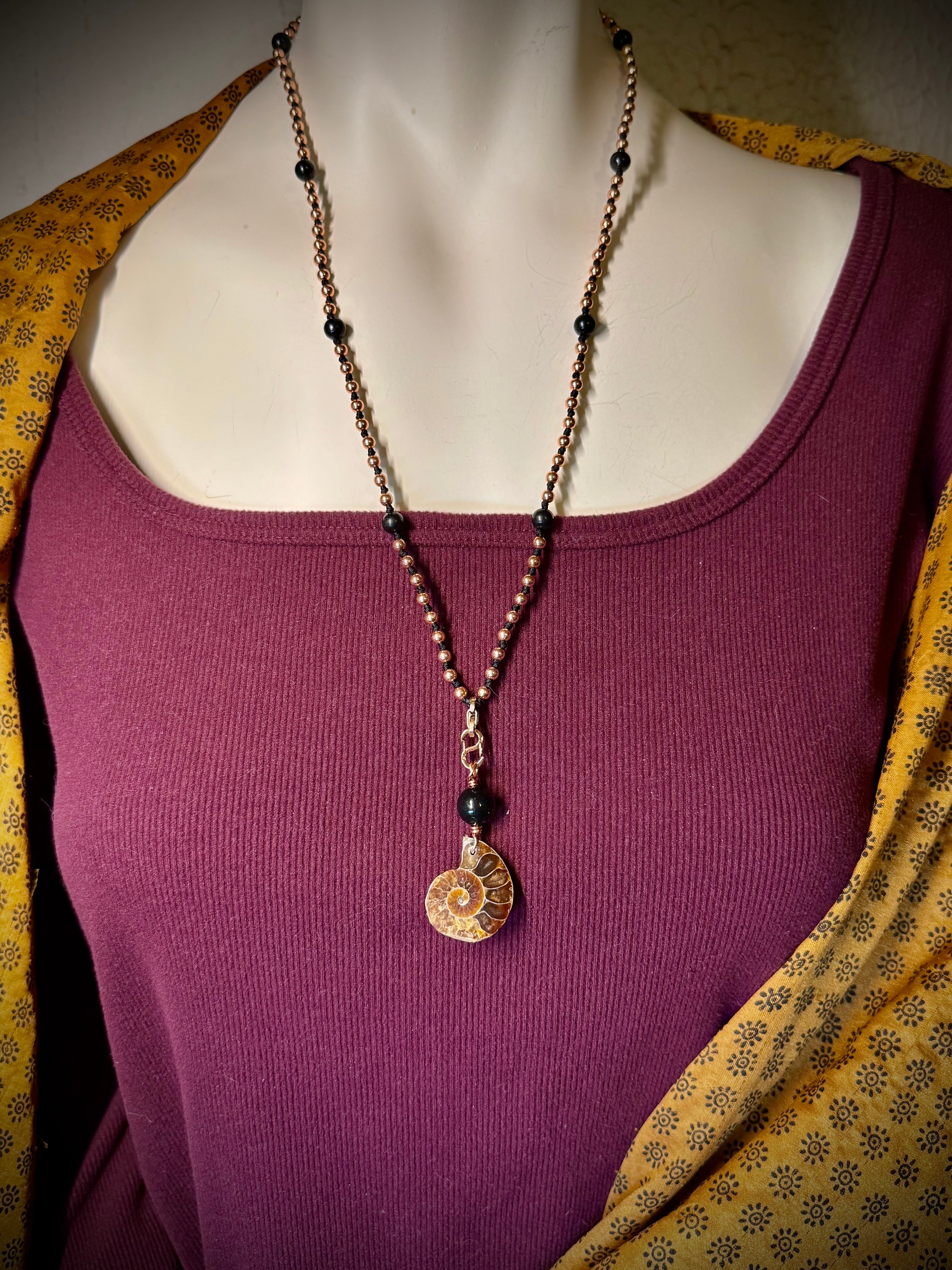 Shungite, Copper, and Ammonite Interchangeable Mala Necklace