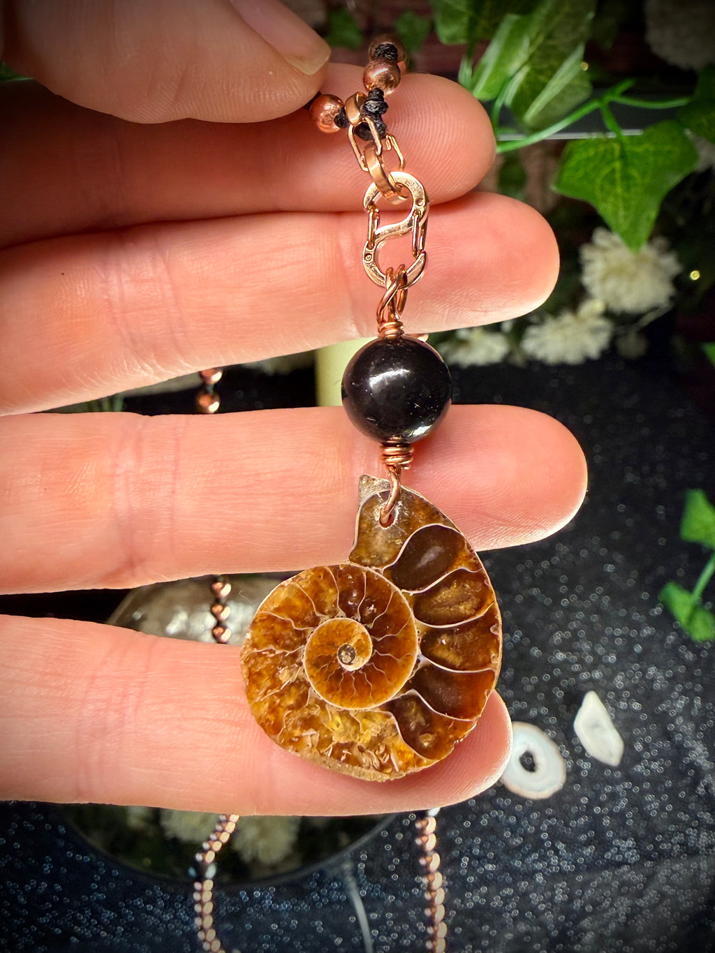 Shungite, Copper, and Ammonite Interchangeable Mala Necklace