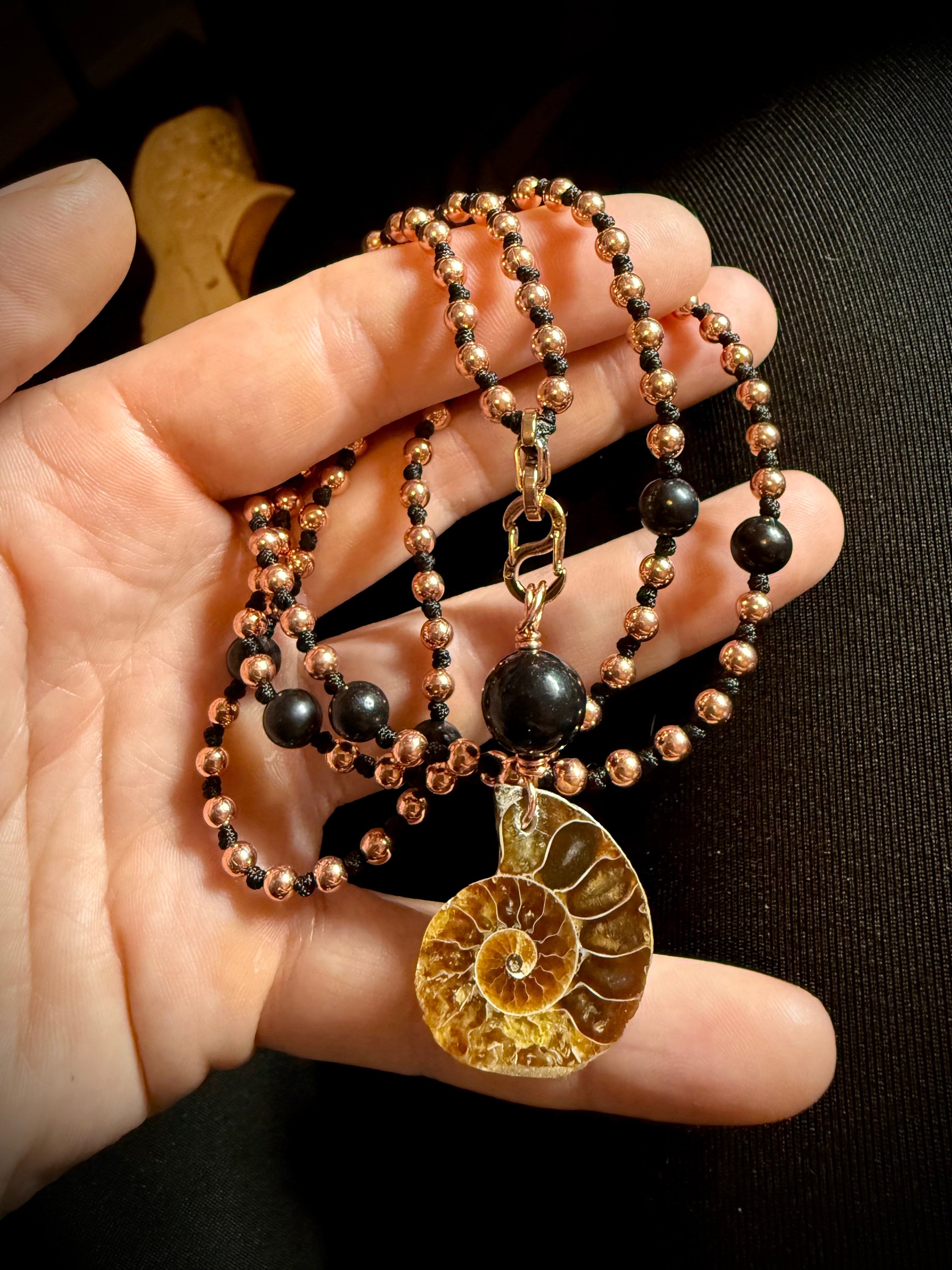 Shungite, Copper, and Ammonite Interchangeable Mala Necklace