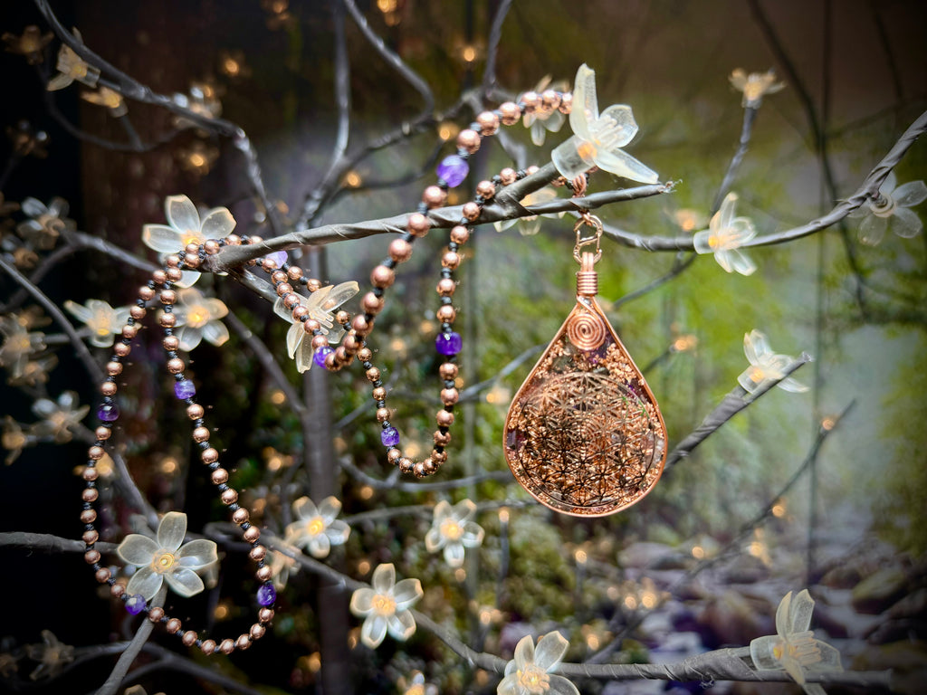 Amethyst~Flower of Life Interchangeable Copper Mala