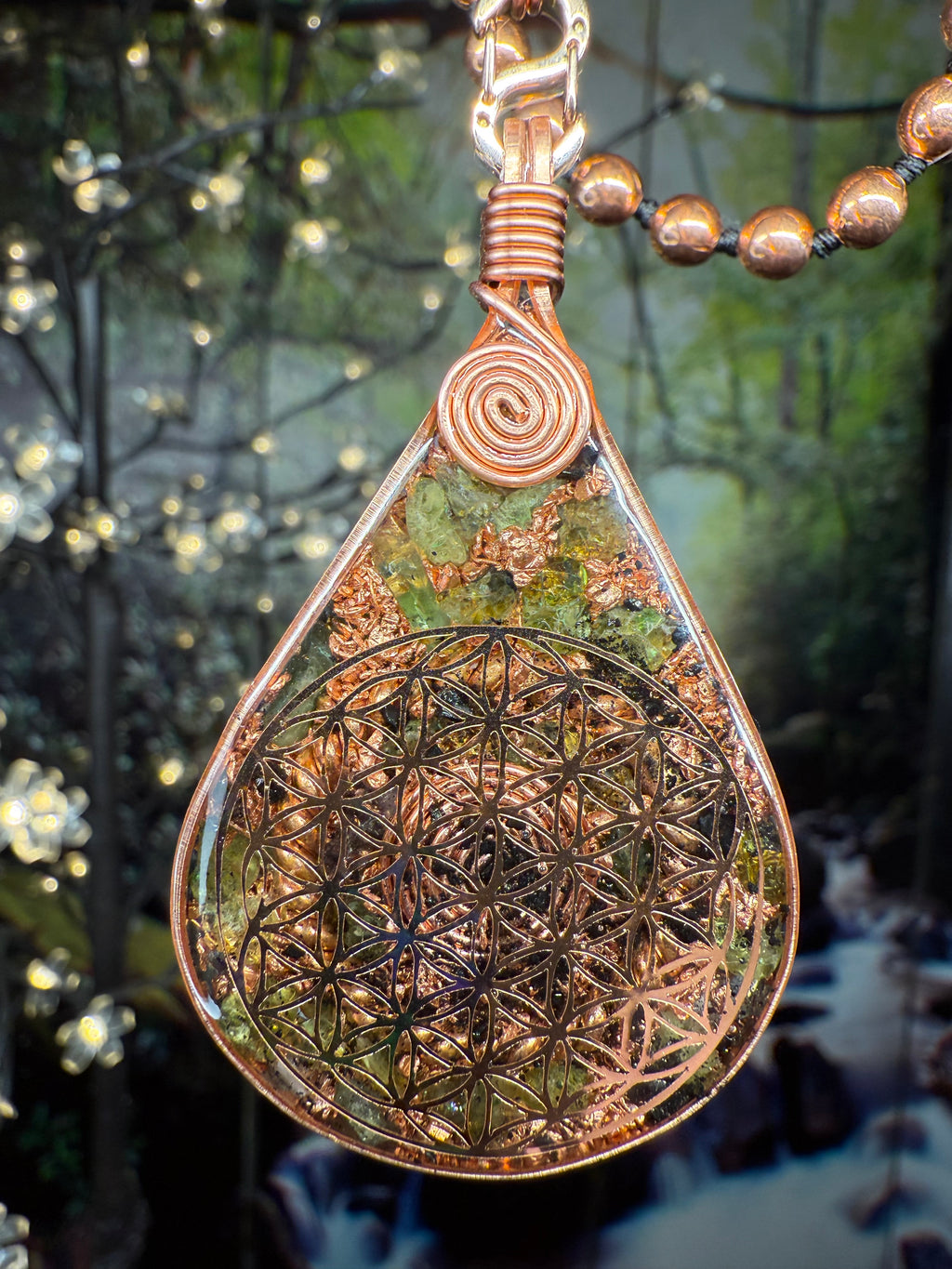 Peridot Flower of Life Orgonite rw/ Tensor & Copper Mala