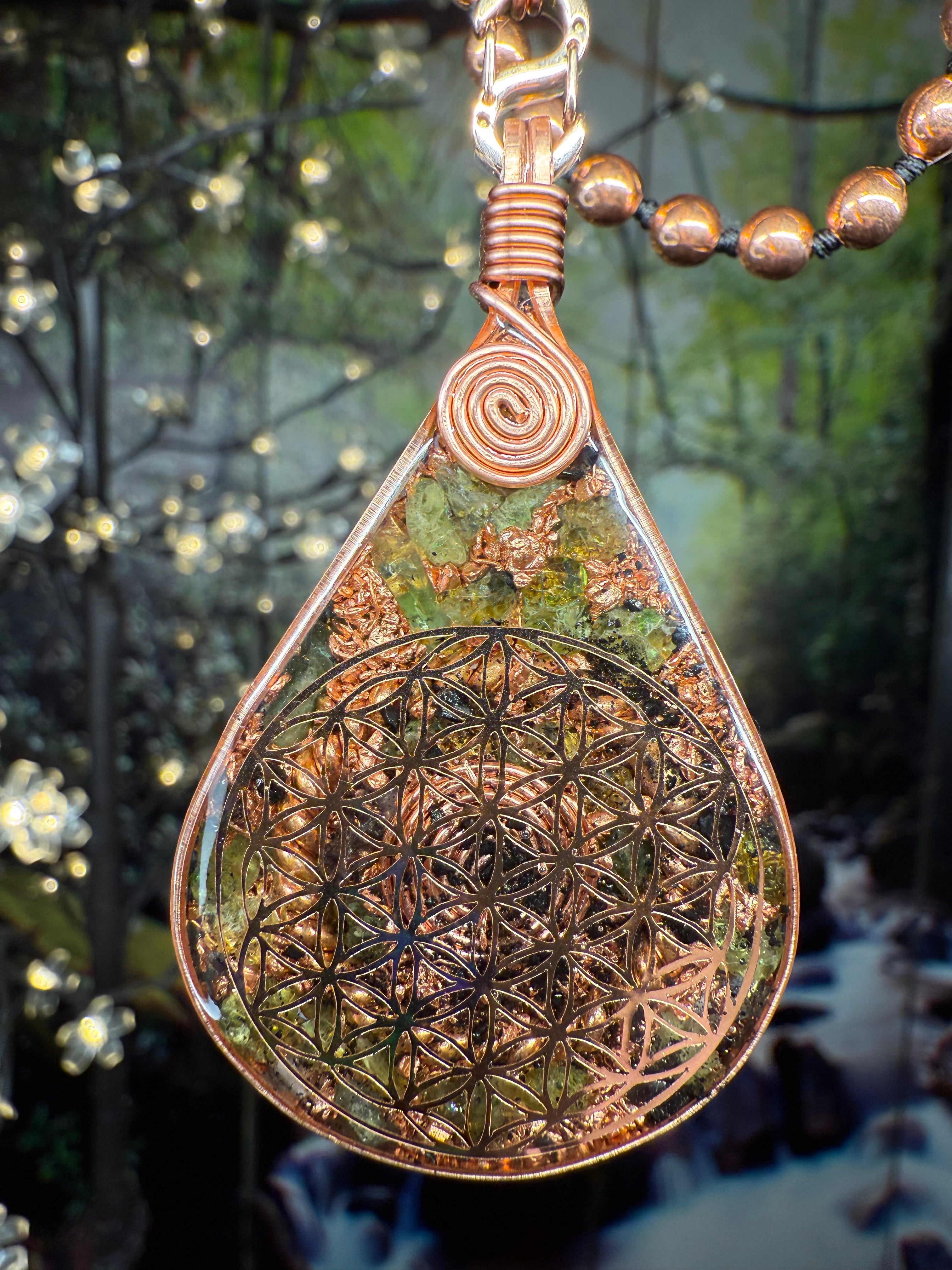 Peridot Flower of Life Orgonite rw/ Tensor & Copper Mala