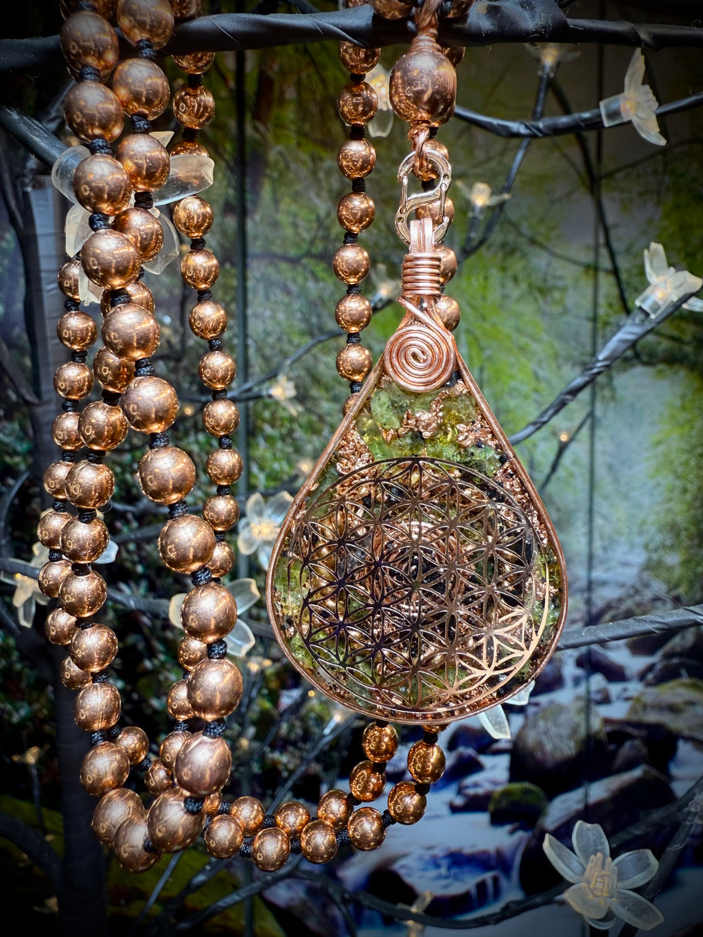 Peridot Flower of Life Orgonite rw/ Tensor & Copper Mala