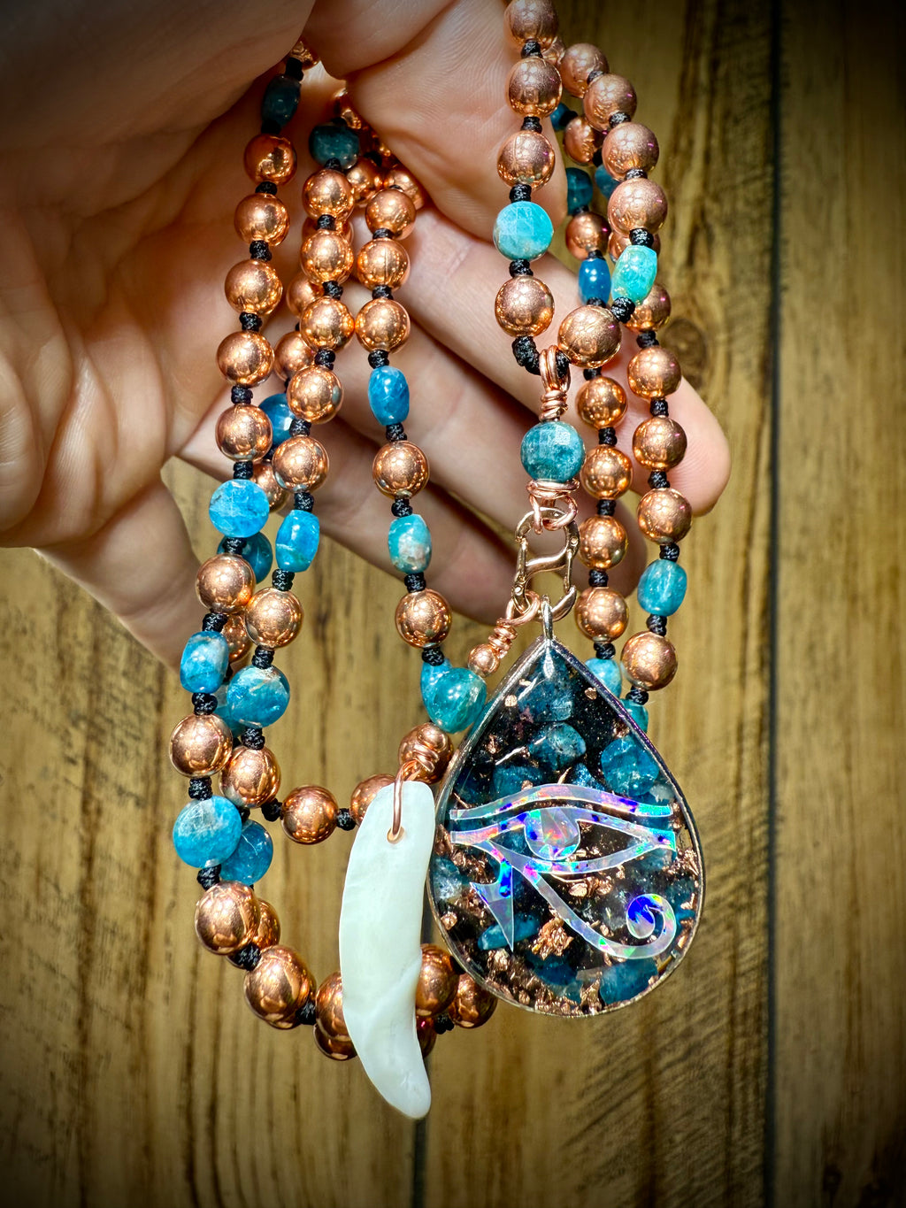 Blue Apatite~Mala with Orgonite + Coyote tooth 💙