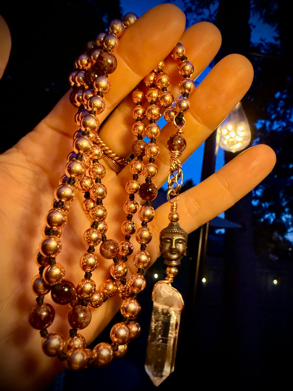 Garnet+Copper Interchangeable Mala with Tibetan Quartz Point