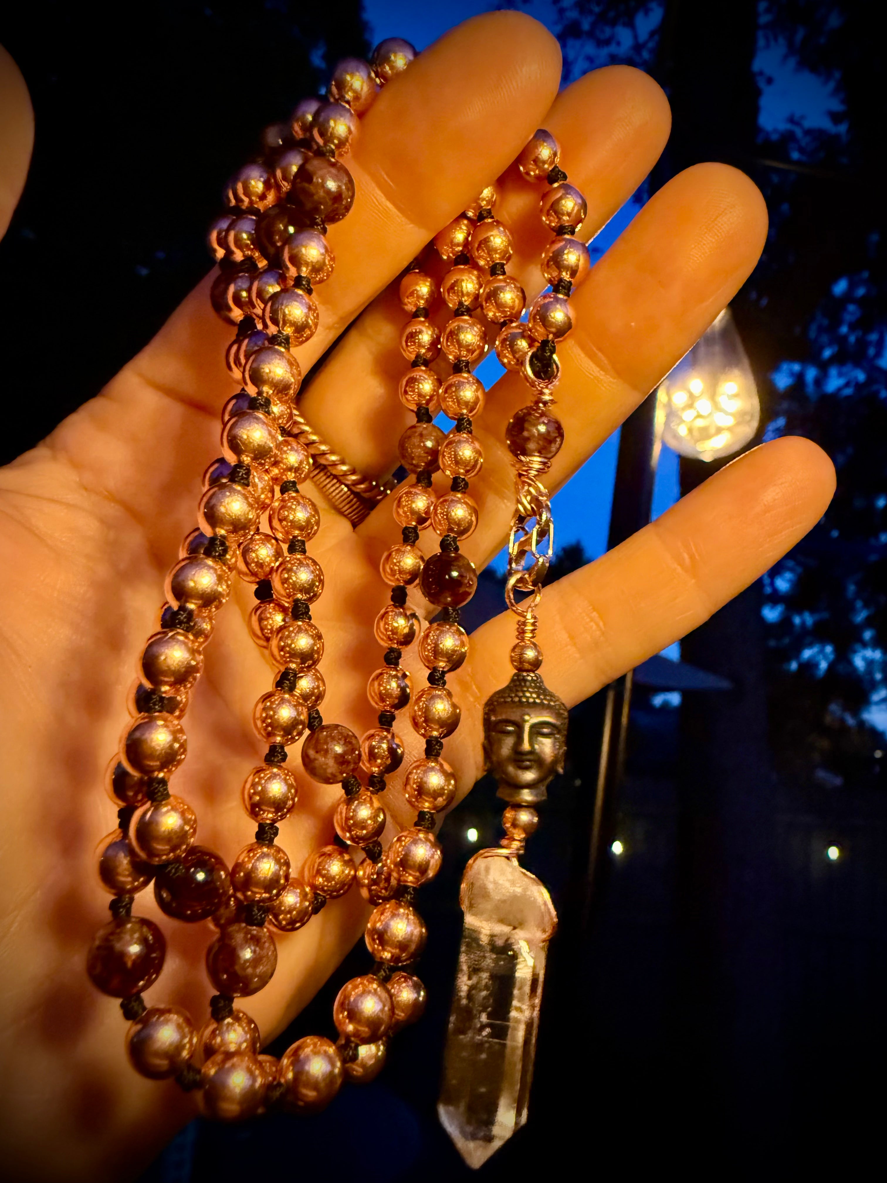 Garnet+Copper Interchangeable Mala with Tibetan Quartz Point
