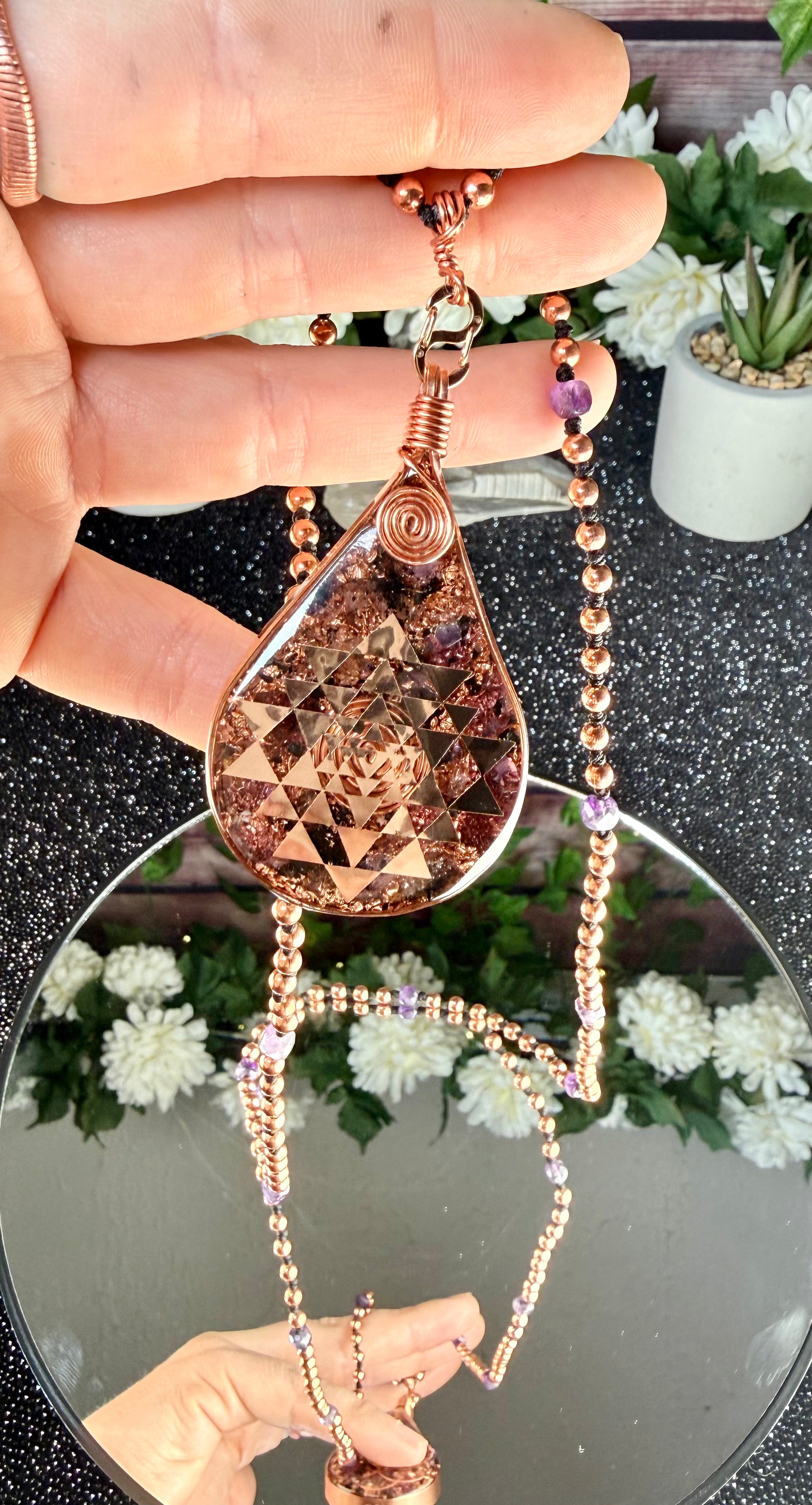 Shri Yantra Amethyst Orgonite Copper Mala Necklace