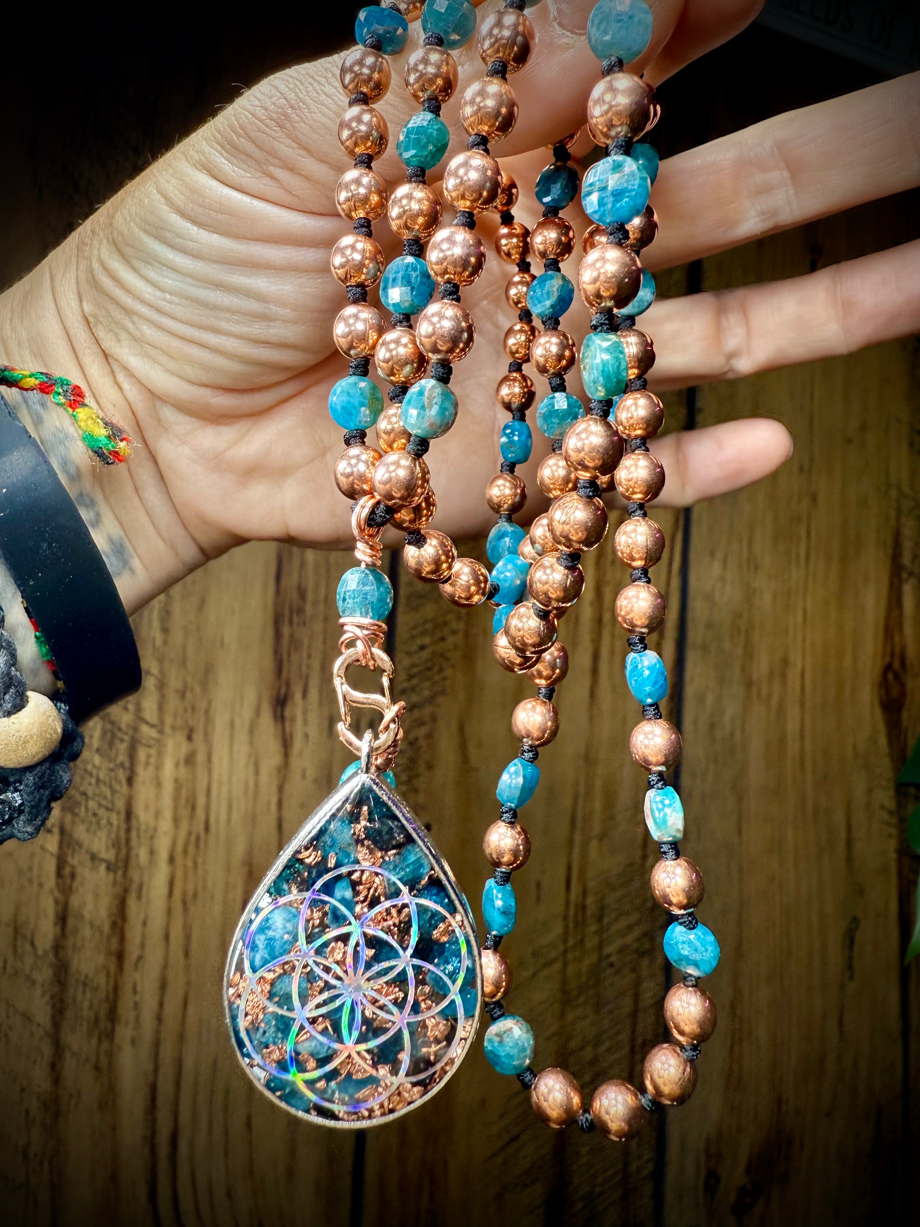 Blue Apatite~Mala with Orgonite + Coyote tooth 💙