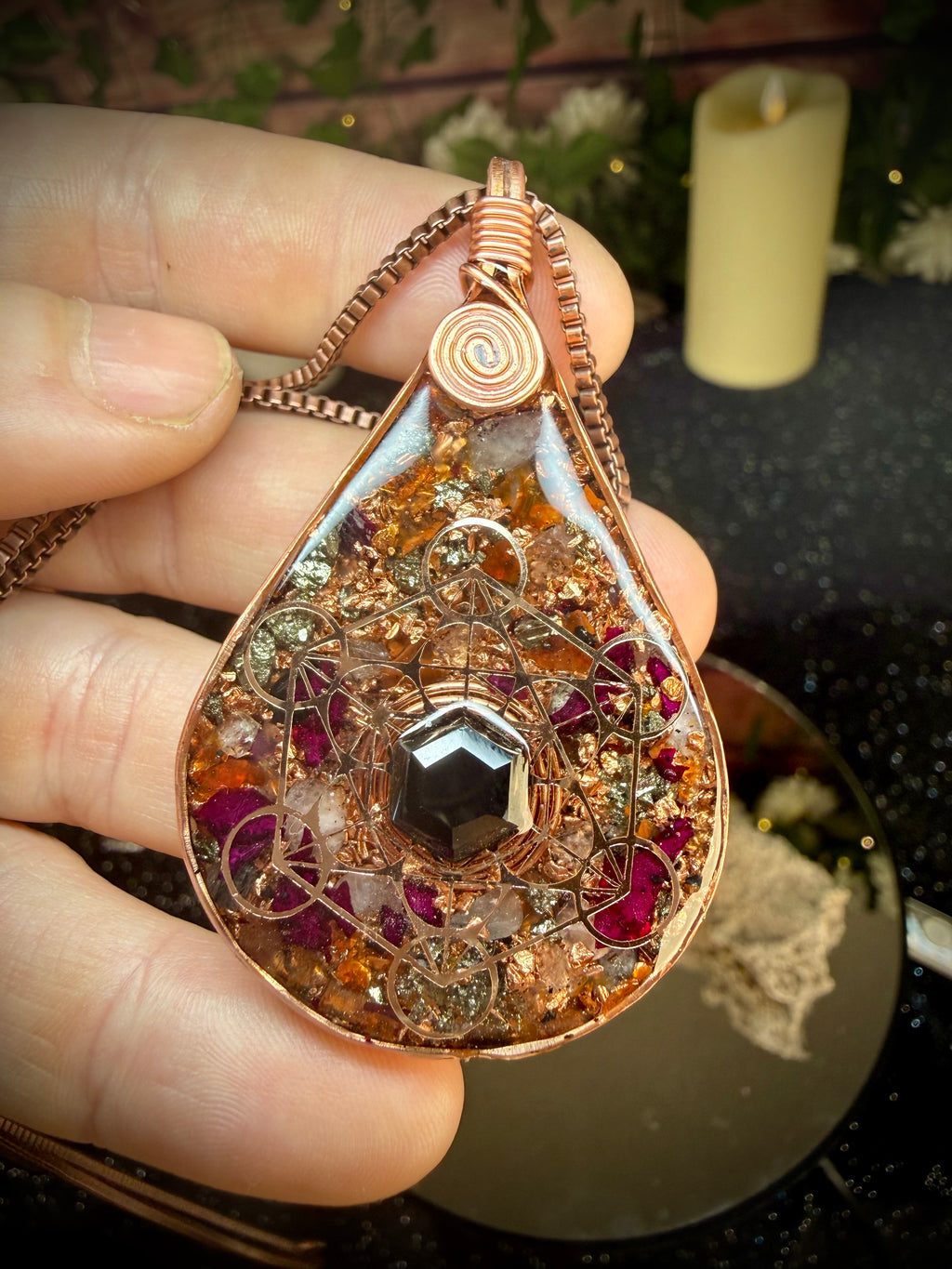 Remember who you are~Orgonite Pendant with Rose Petals
