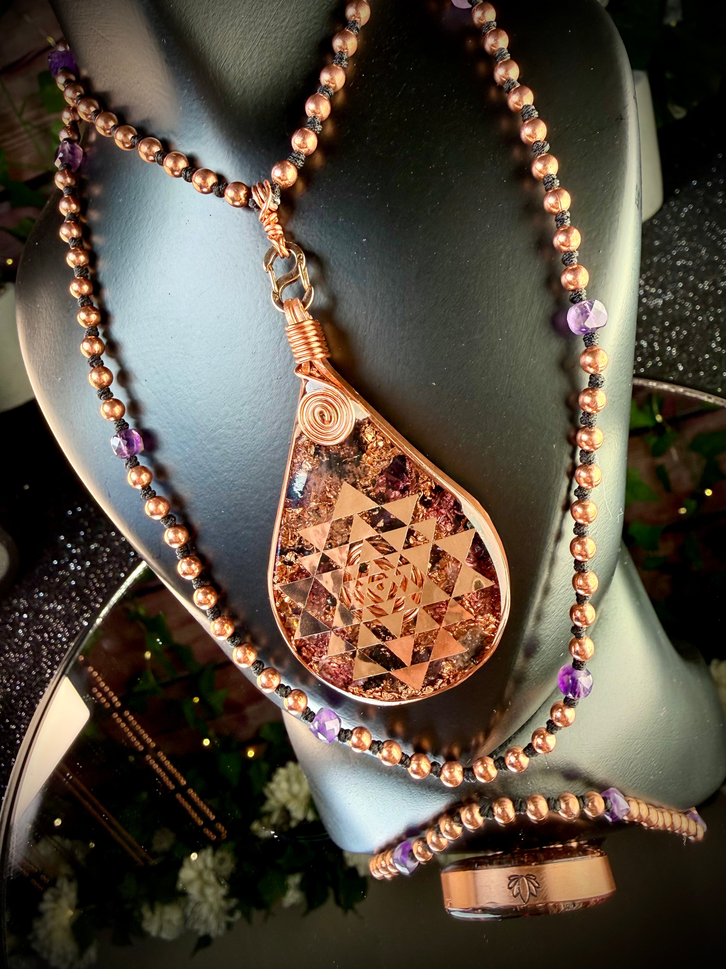 Shri Yantra Amethyst Orgonite Copper Mala Necklace