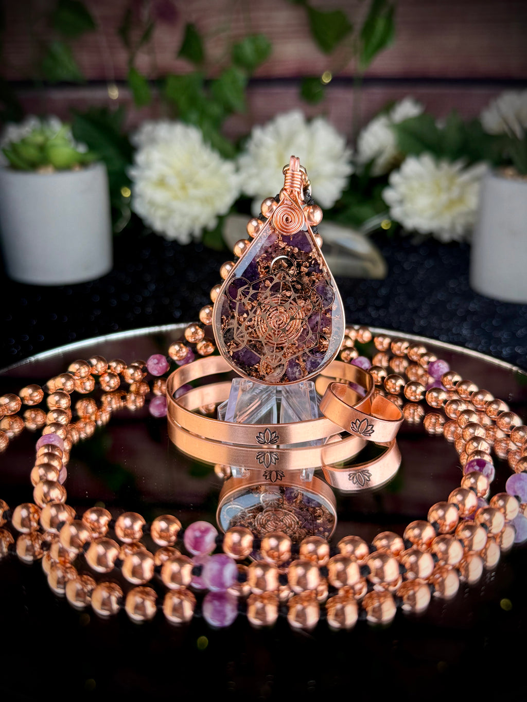Finding Peace~Lepidolite Orgonite Mala Necklace Set w/ Copper Ring, & Bracelet