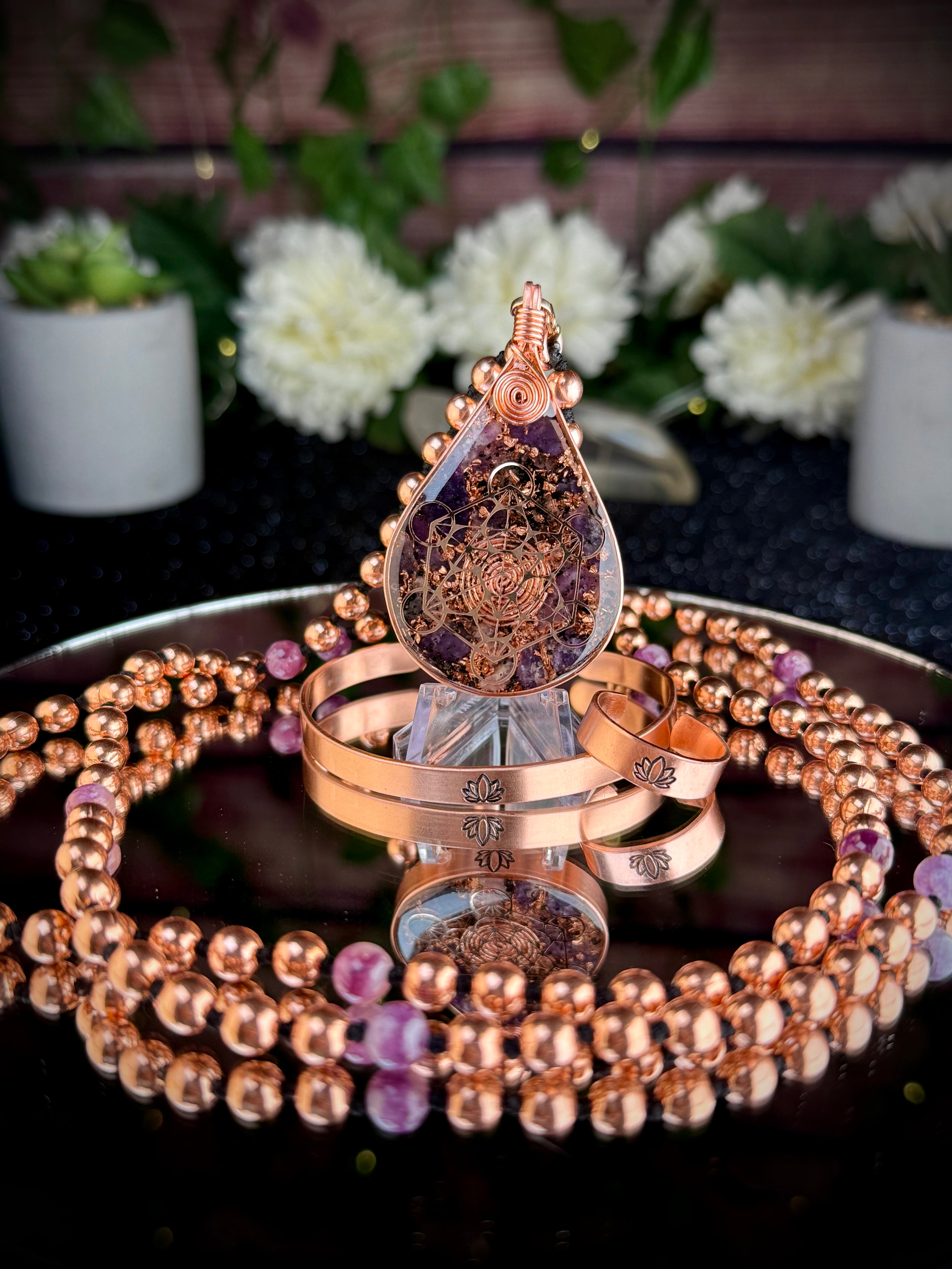 Finding Peace~Lepidolite Orgonite Mala Necklace Set w/ Copper Ring, & Bracelet