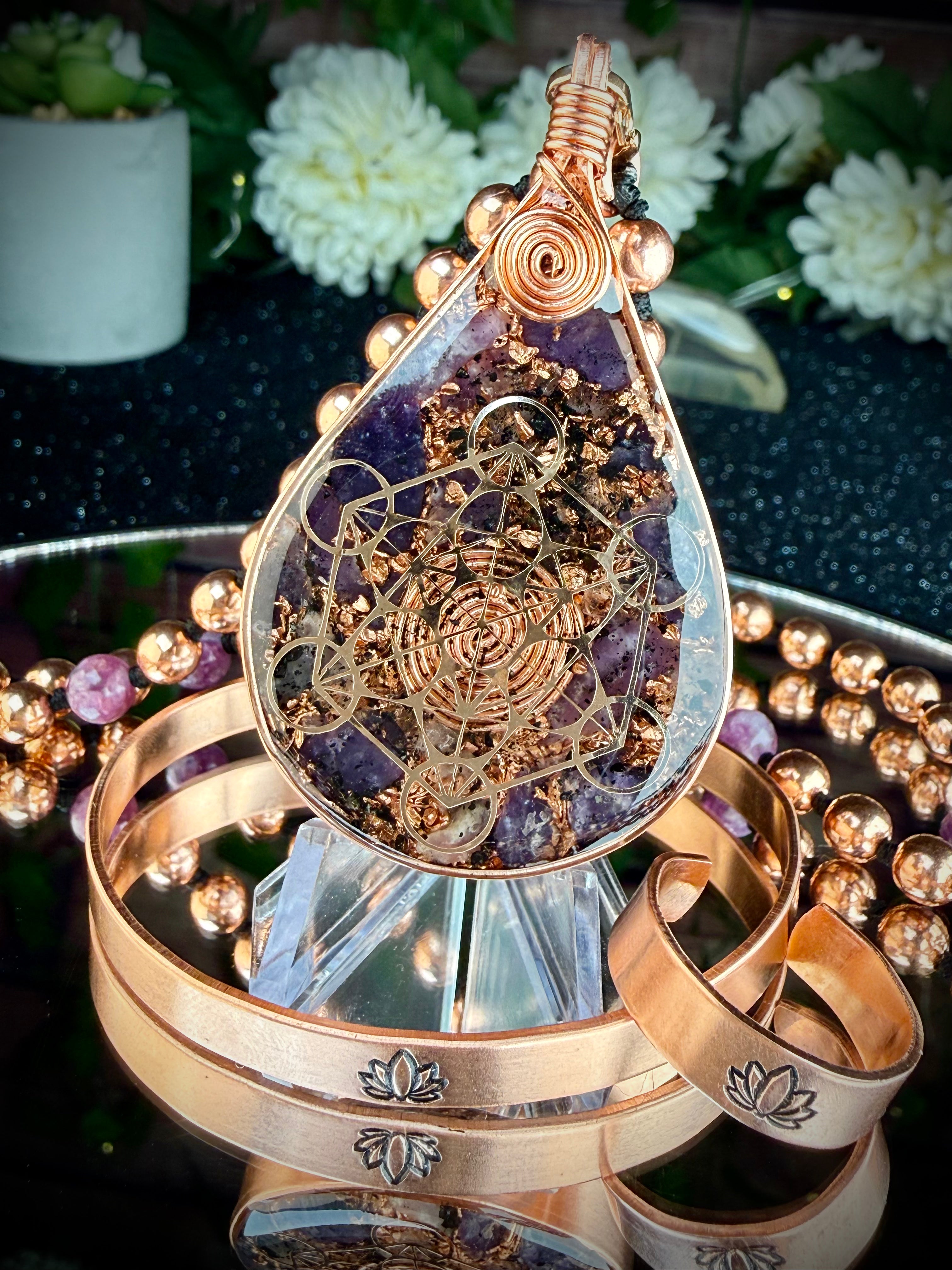 Finding Peace~Lepidolite Orgonite Mala Necklace Set w/ Copper Ring, & Bracelet