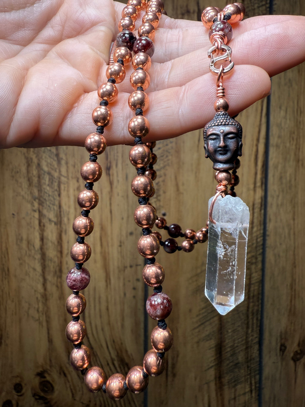 Garnet+Copper Interchangeable Mala with Tibetan Quartz Point