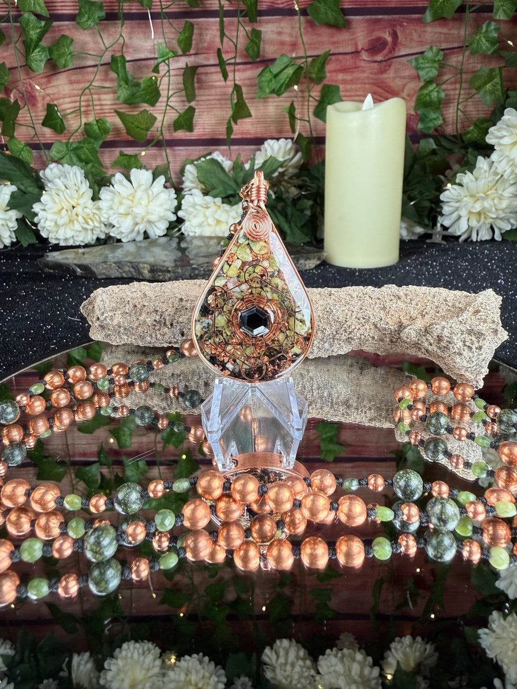 Breathe-Orgonite Mala Necklace w/ Serpentine