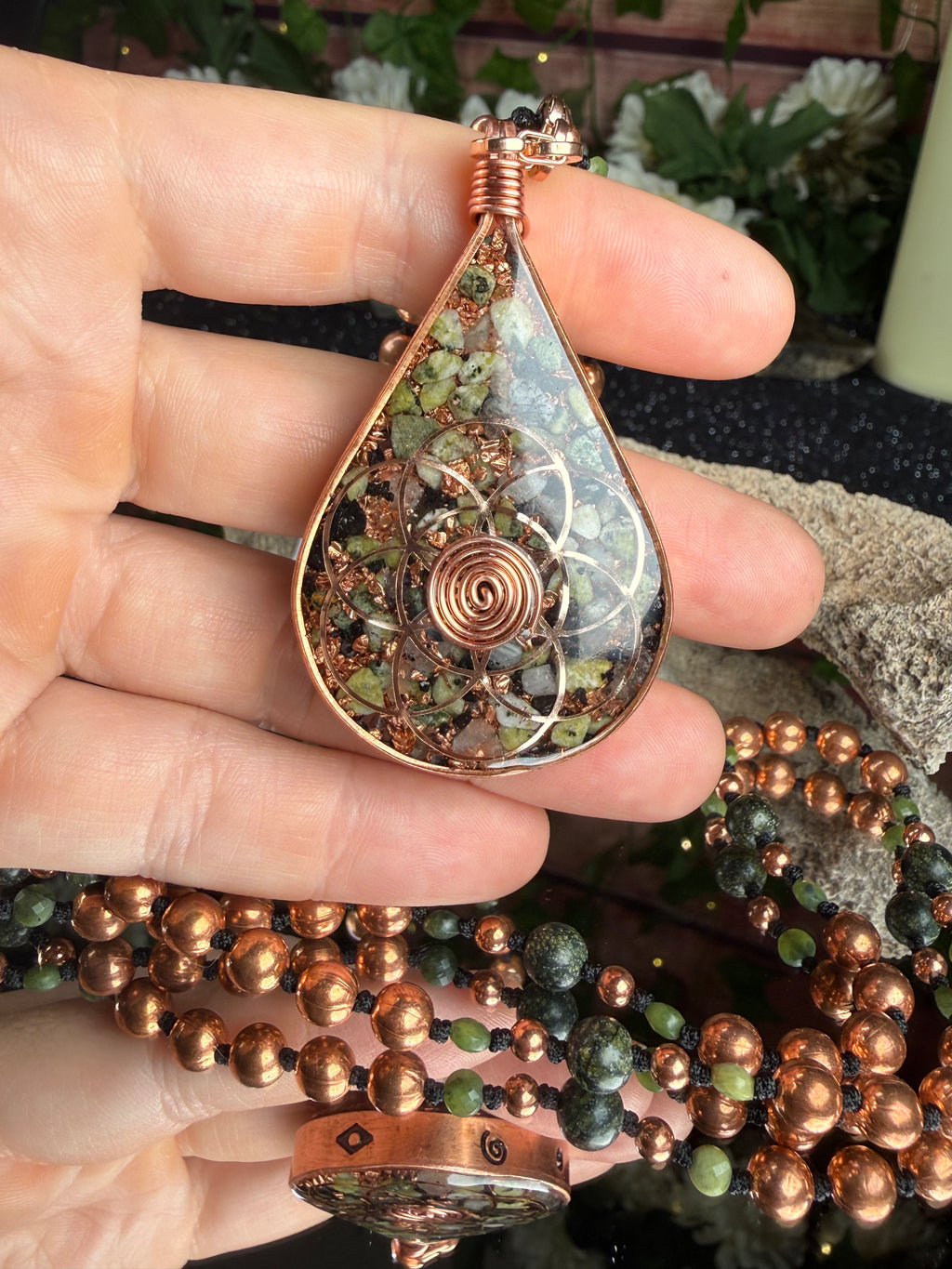Breathe-Orgonite Mala Necklace w/ Serpentine
