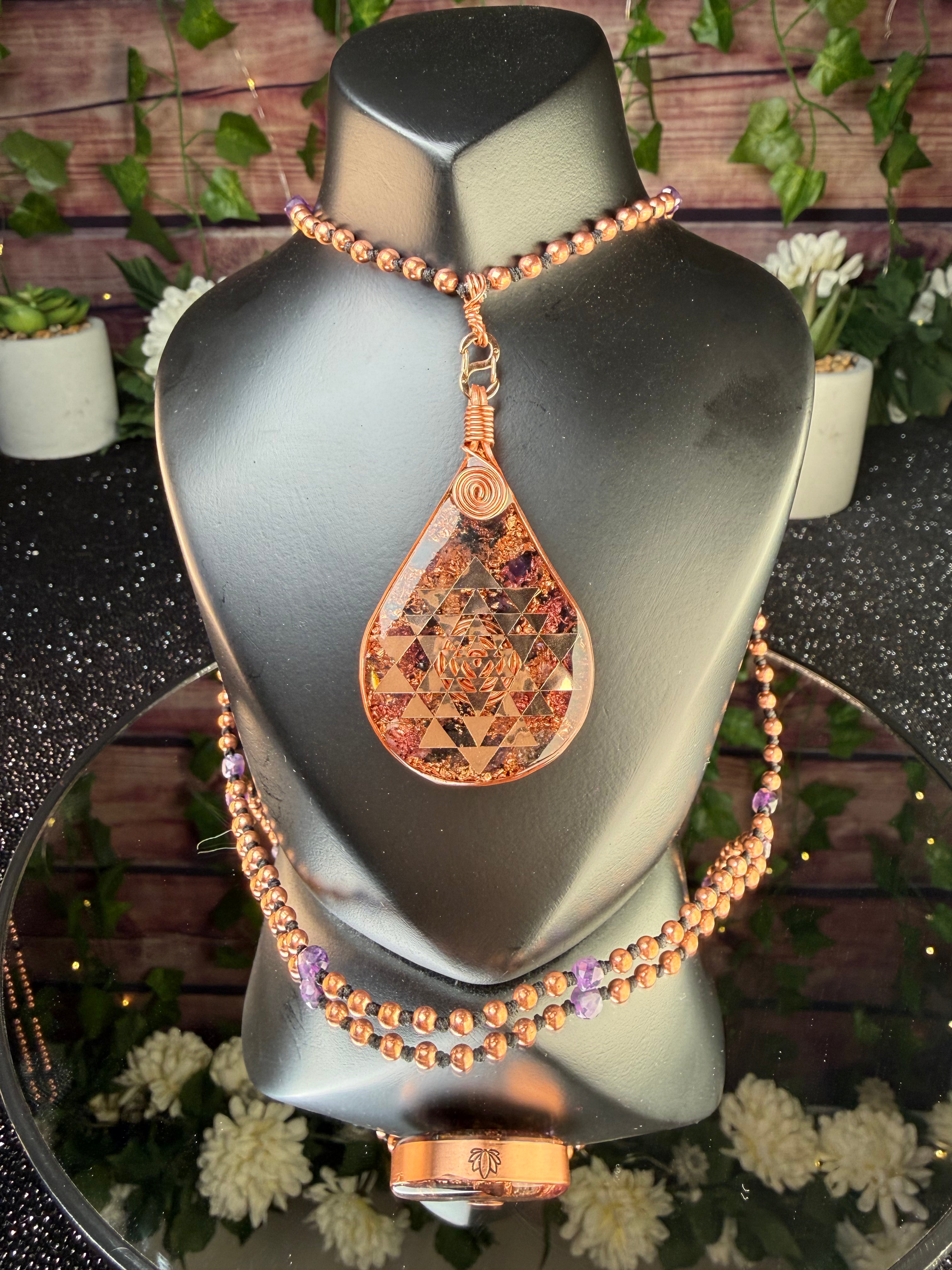 Shri Yantra Amethyst Orgonite Copper Mala Necklace