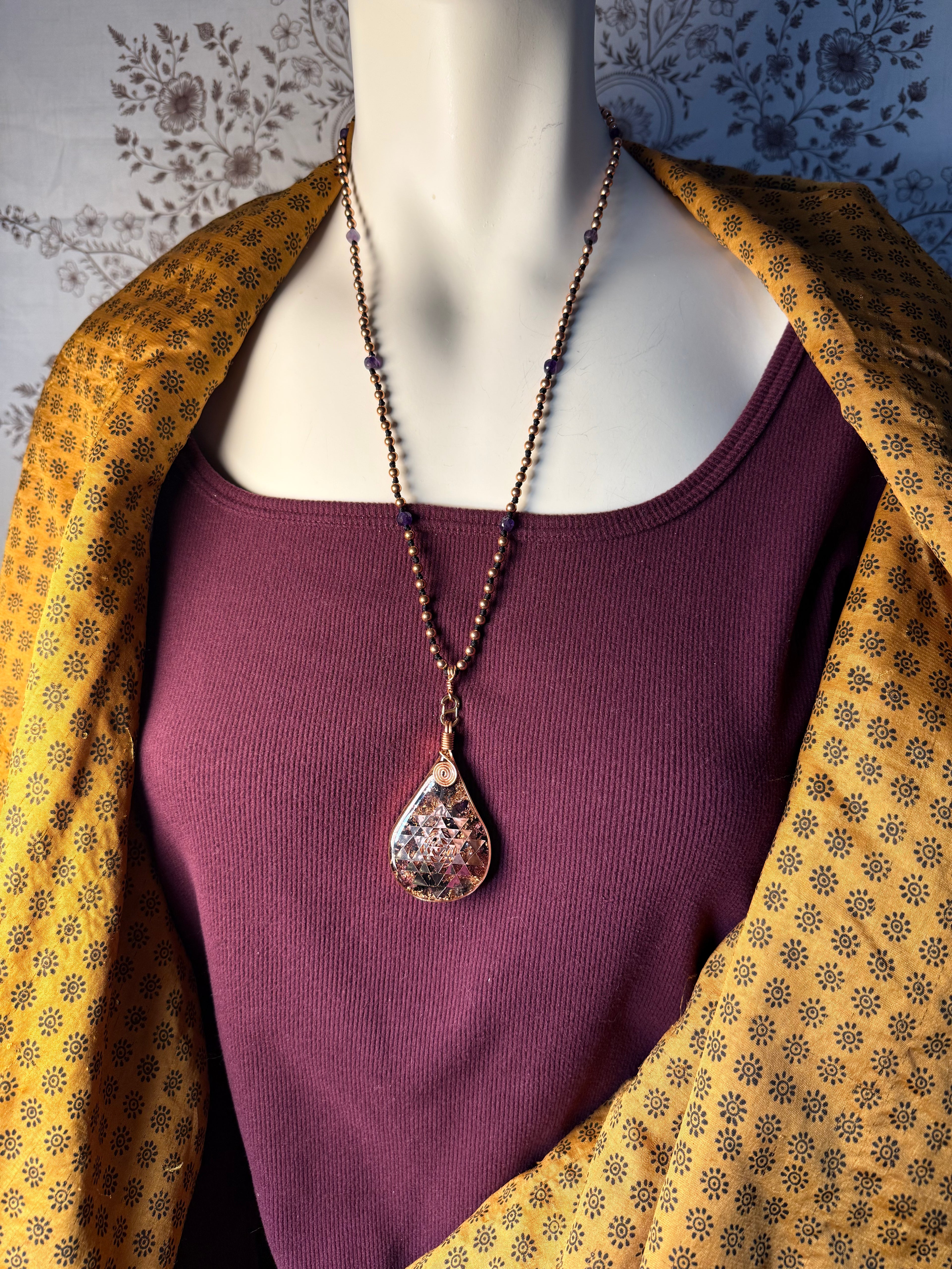 Shri Yantra Amethyst Orgonite Copper Mala Necklace
