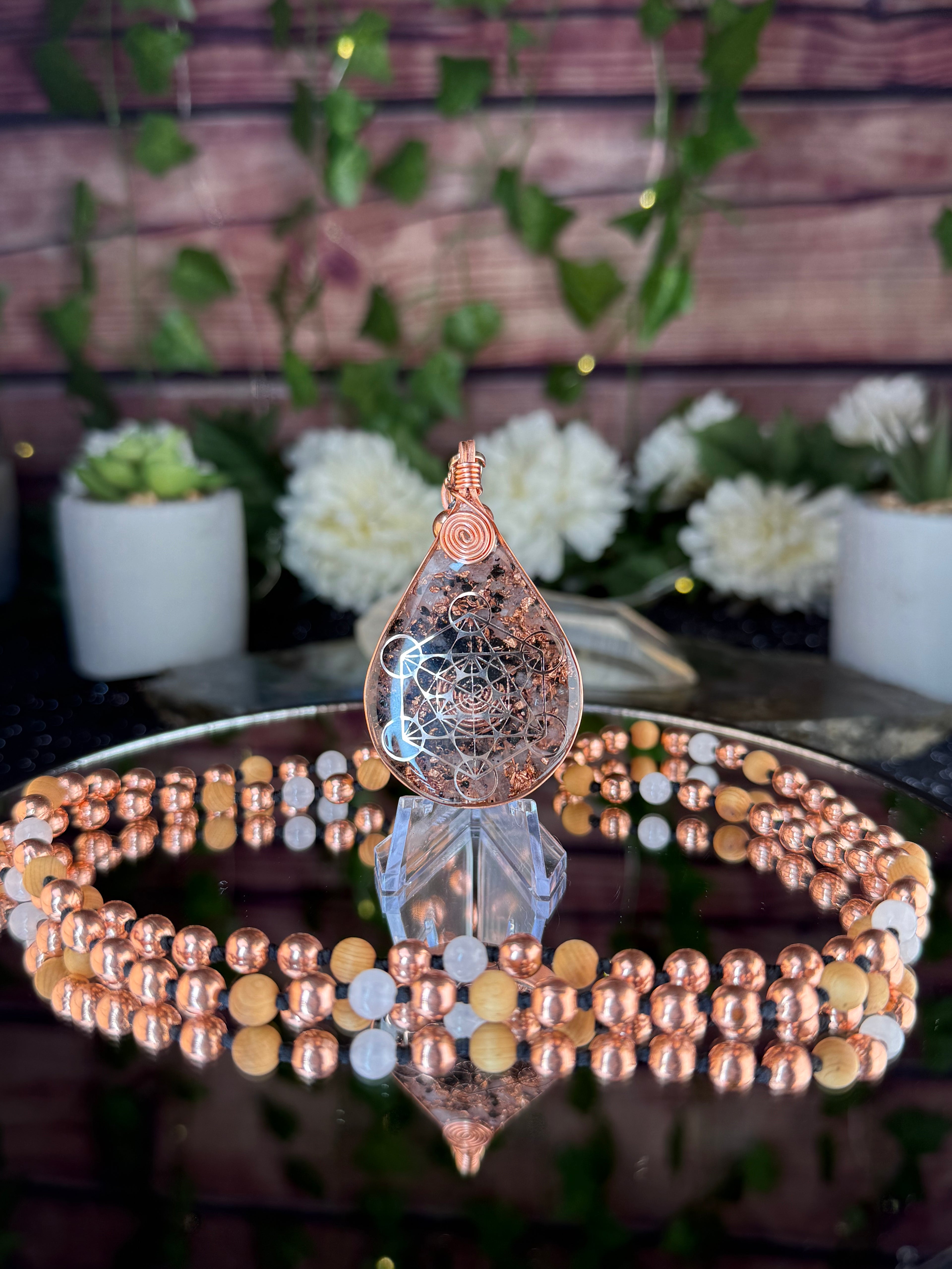 With Love 💗-Rose Quartz, Cedar, Copper Mala & Rose Quartz Orgonite
