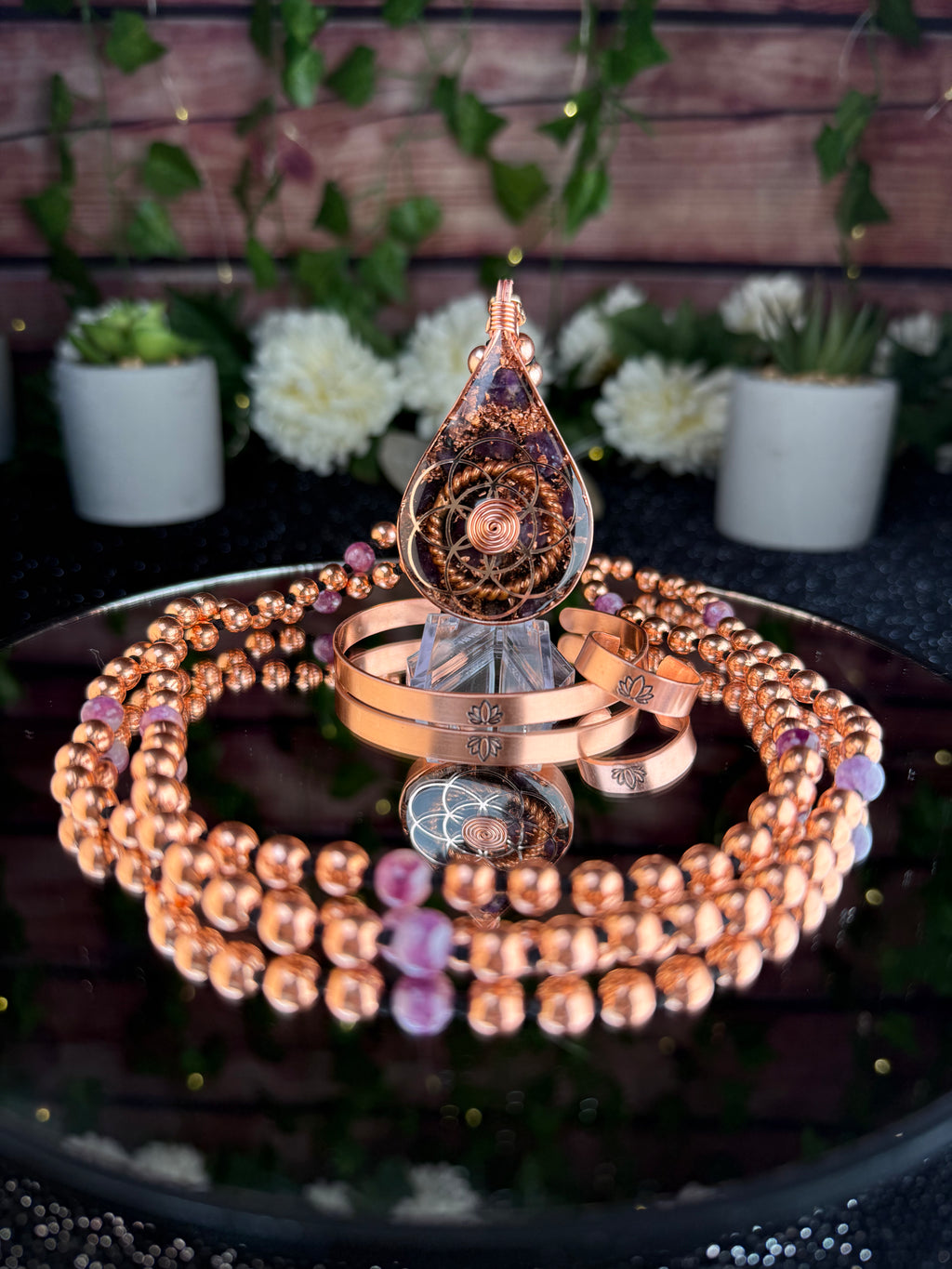 Finding Peace~Lepidolite Orgonite Mala Necklace Set w/ Copper Ring, & Bracelet