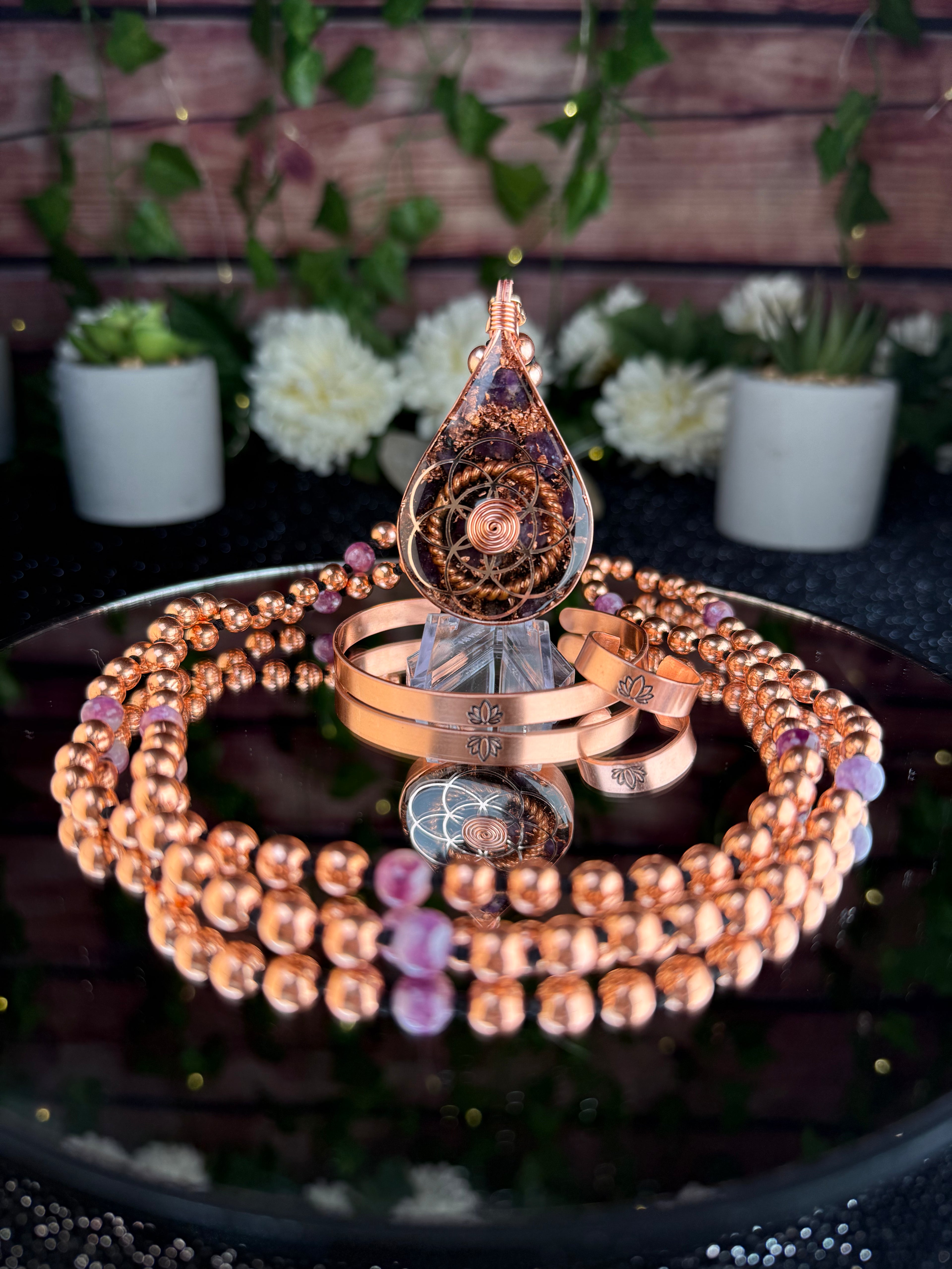 Finding Peace~Lepidolite Orgonite Mala Necklace Set w/ Copper Ring, & Bracelet