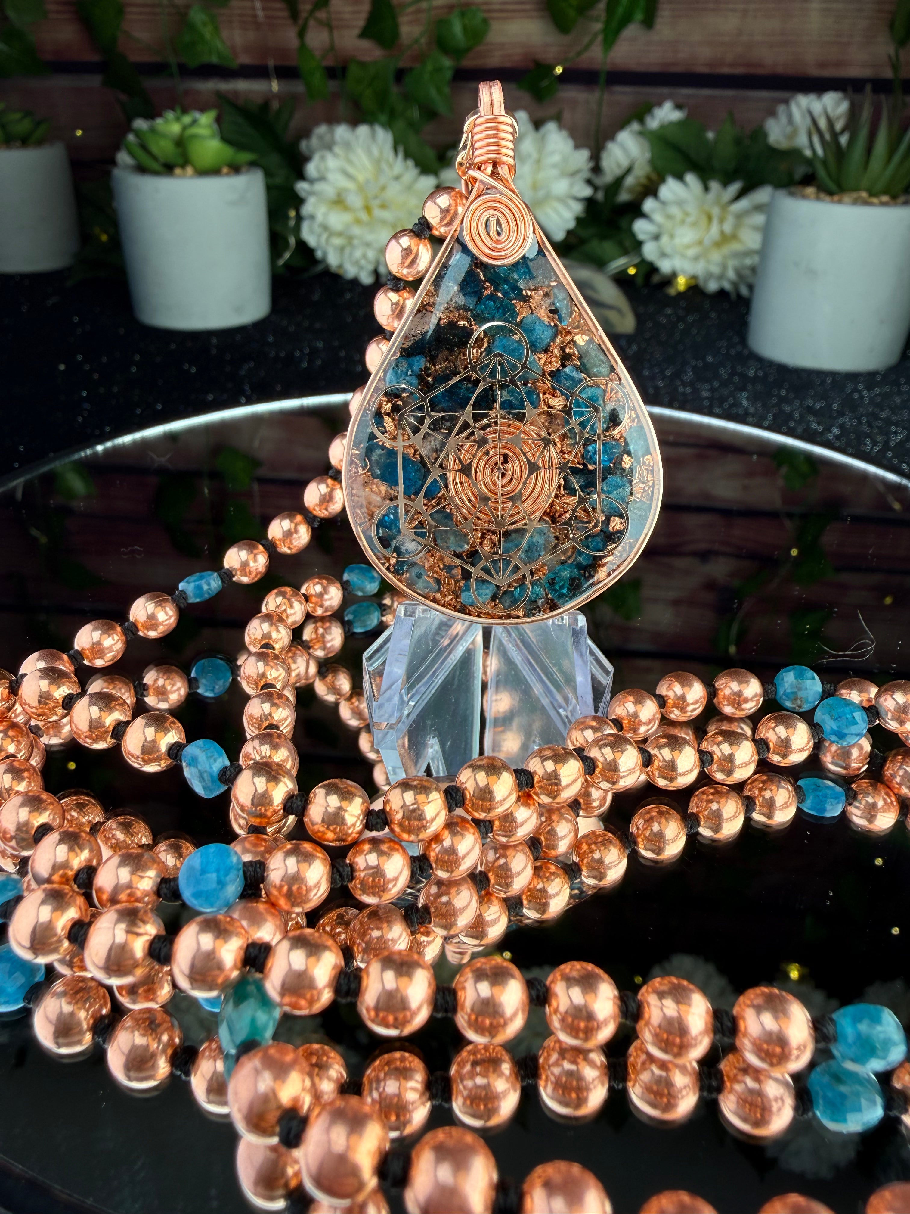 Clairty & Alignment-Blue Apatite Copper Orgonite Mala Necklace