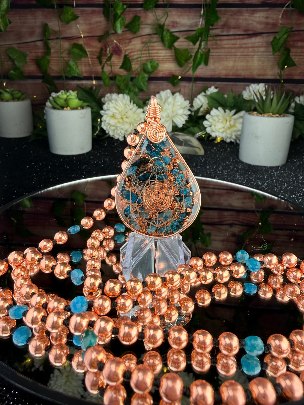 Clairty & Alignment-Blue Apatite Copper Orgonite Mala Necklace