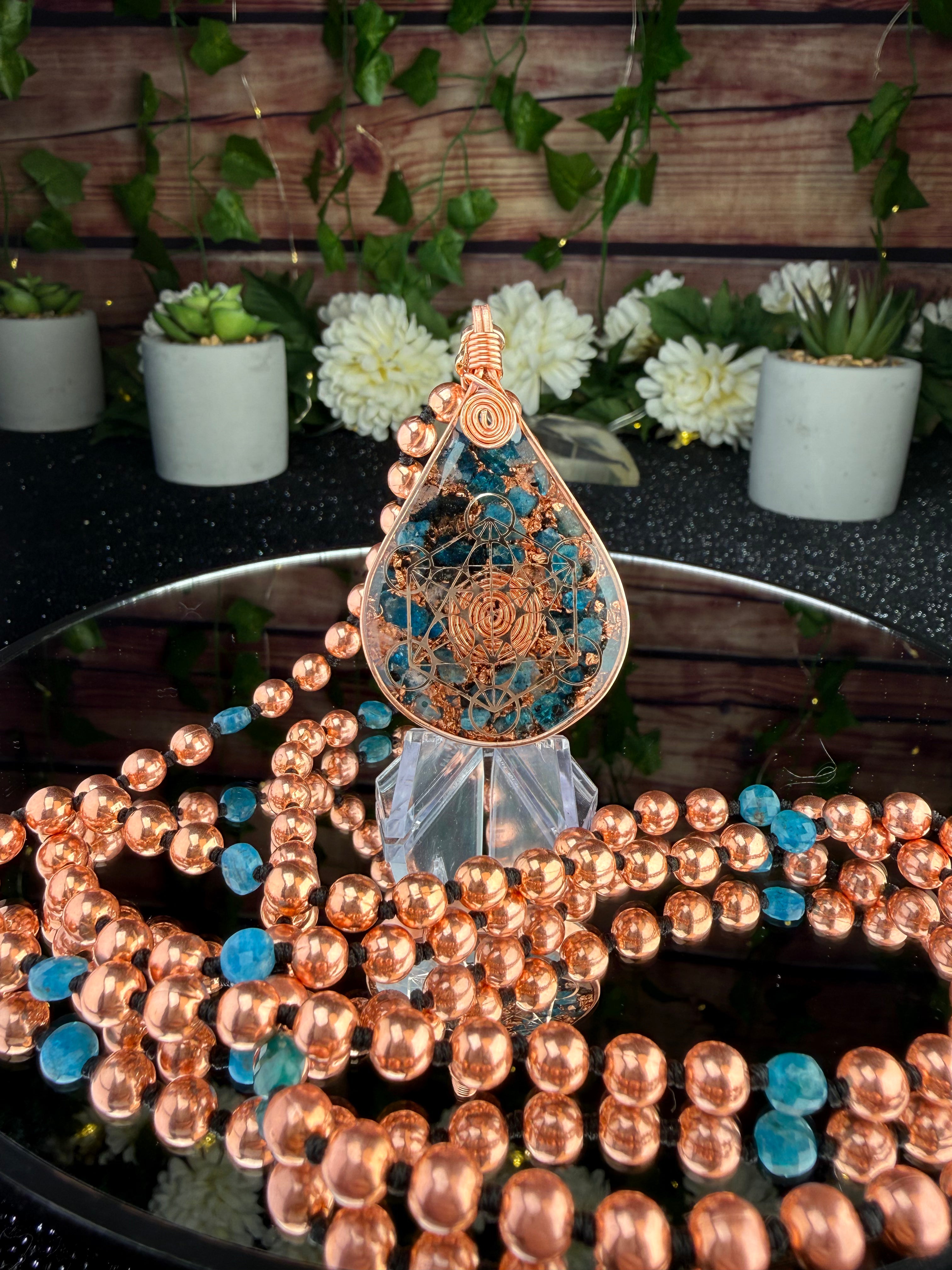 Clairty & Alignment-Blue Apatite Copper Orgonite Mala Necklace
