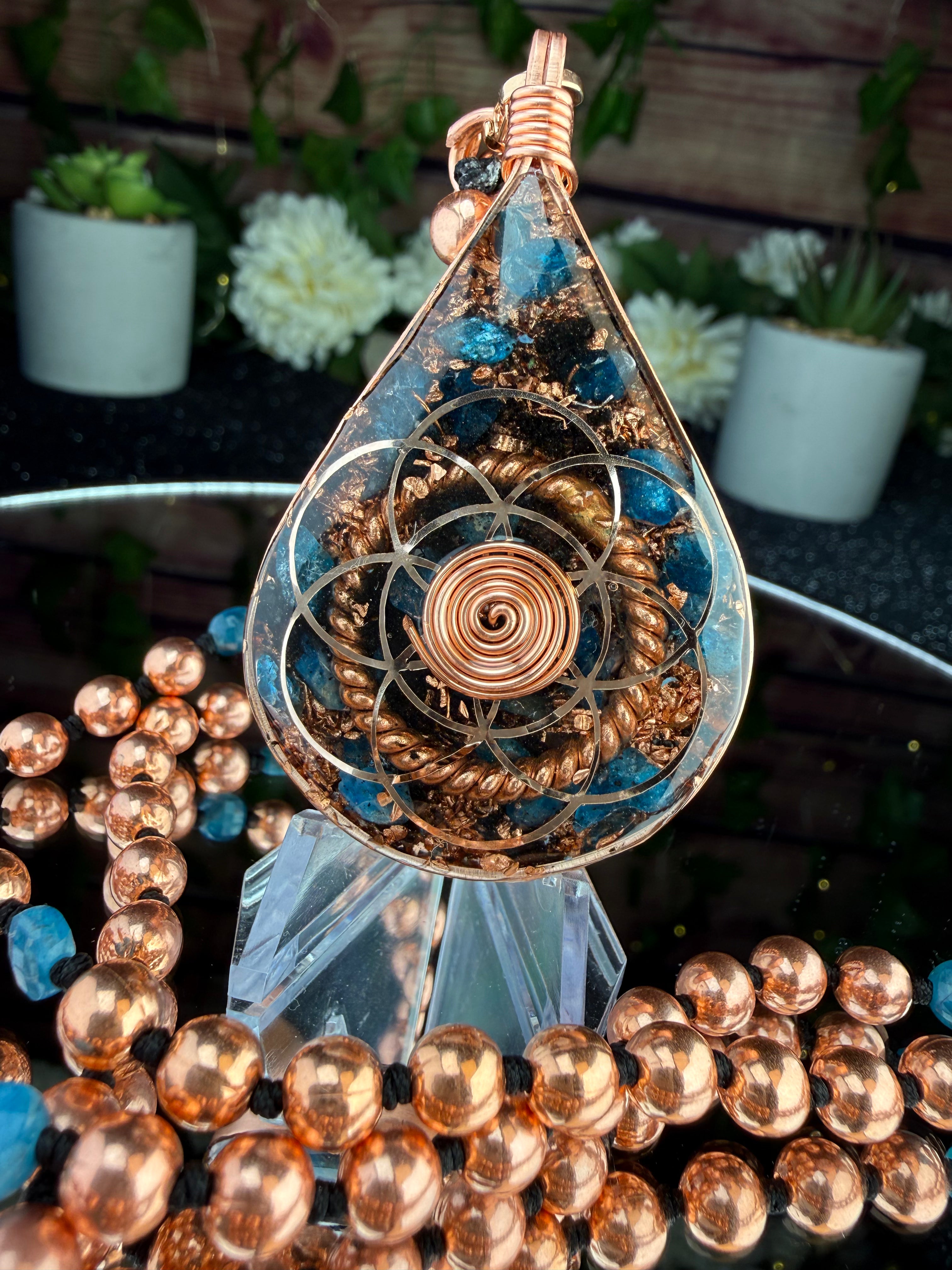 Clairty & Alignment-Blue Apatite Copper Orgonite Mala Necklace