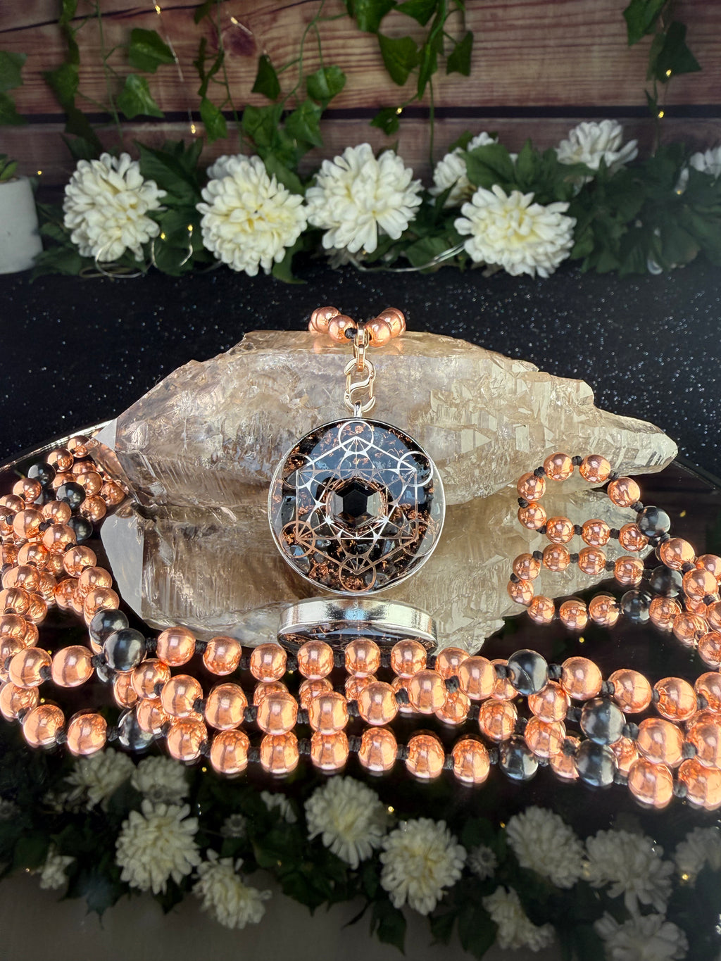 Grounding & Protection~Orgonite Mala with Elite Shungite, Hematite, Black Tourmaline, Diamond Quartz, Clear Quartz, Copper & Black Spinel