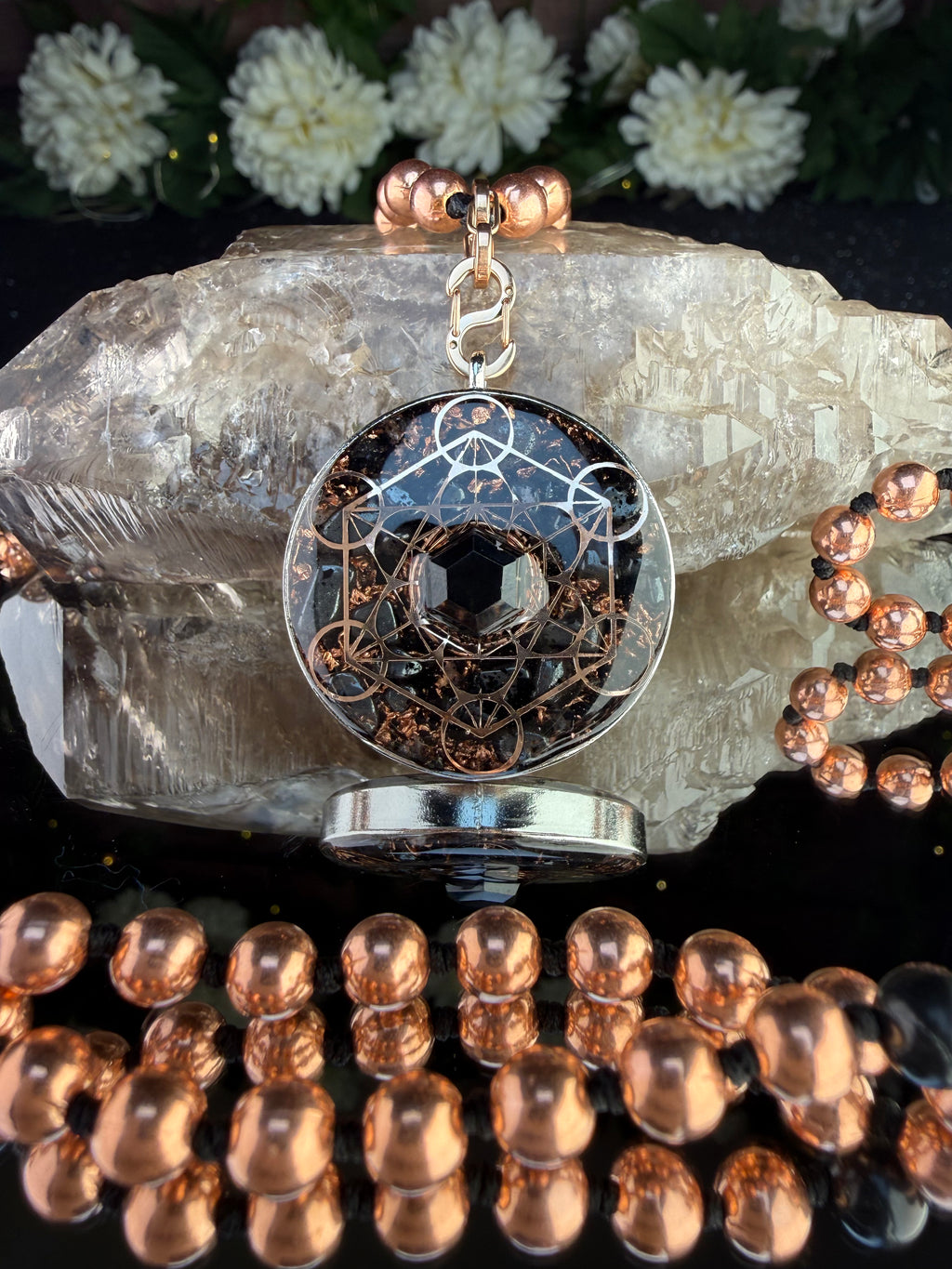 Grounding & Protection~Orgonite Mala with Elite Shungite, Hematite, Black Tourmaline, Diamond Quartz, Clear Quartz, Copper & Black Spinel