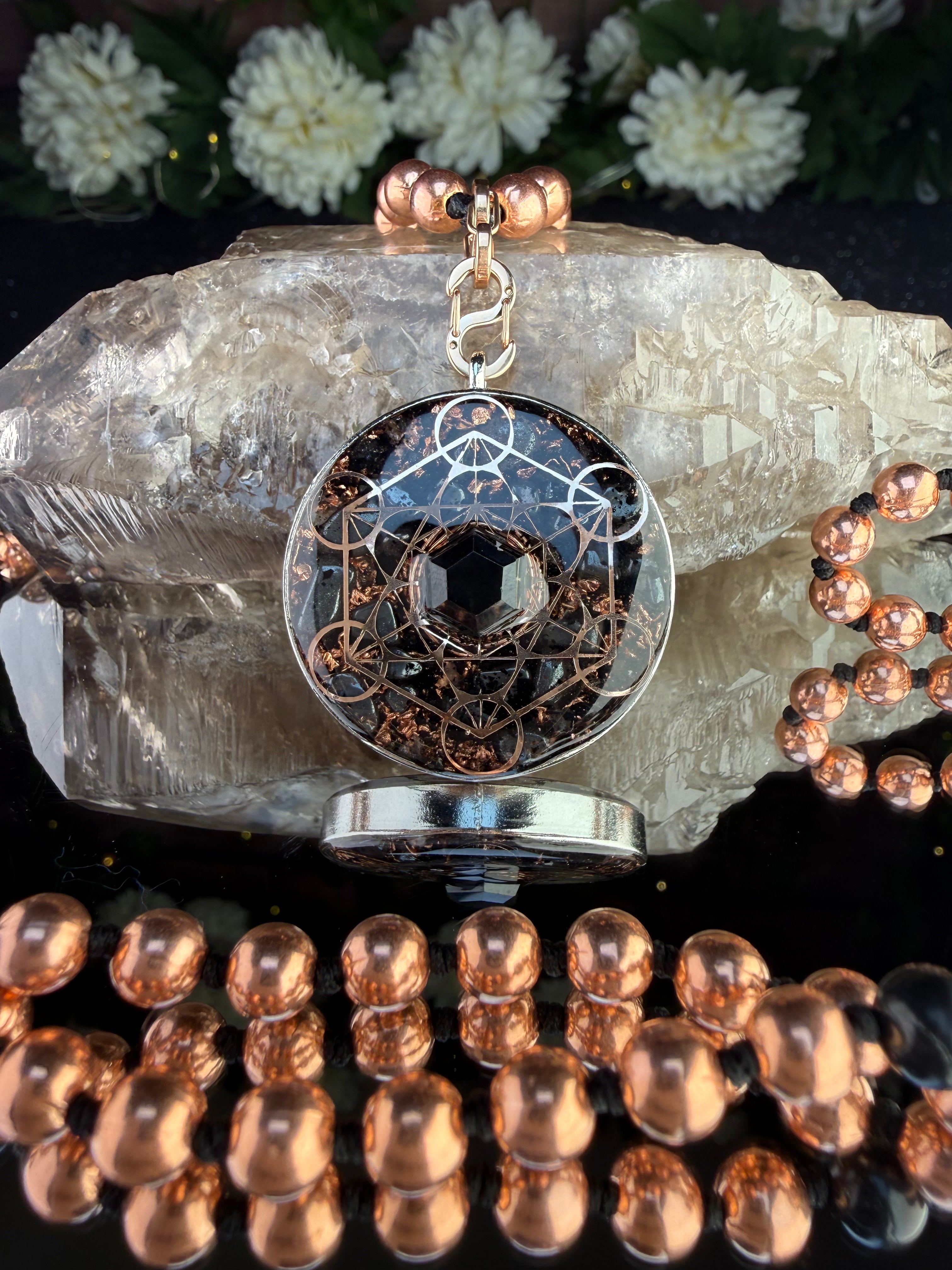 Grounding & Protection~Orgonite Mala with Elite Shungite, Hematite, Black Tourmaline, Diamond Quartz, Clear Quartz, Copper & Black Spinel