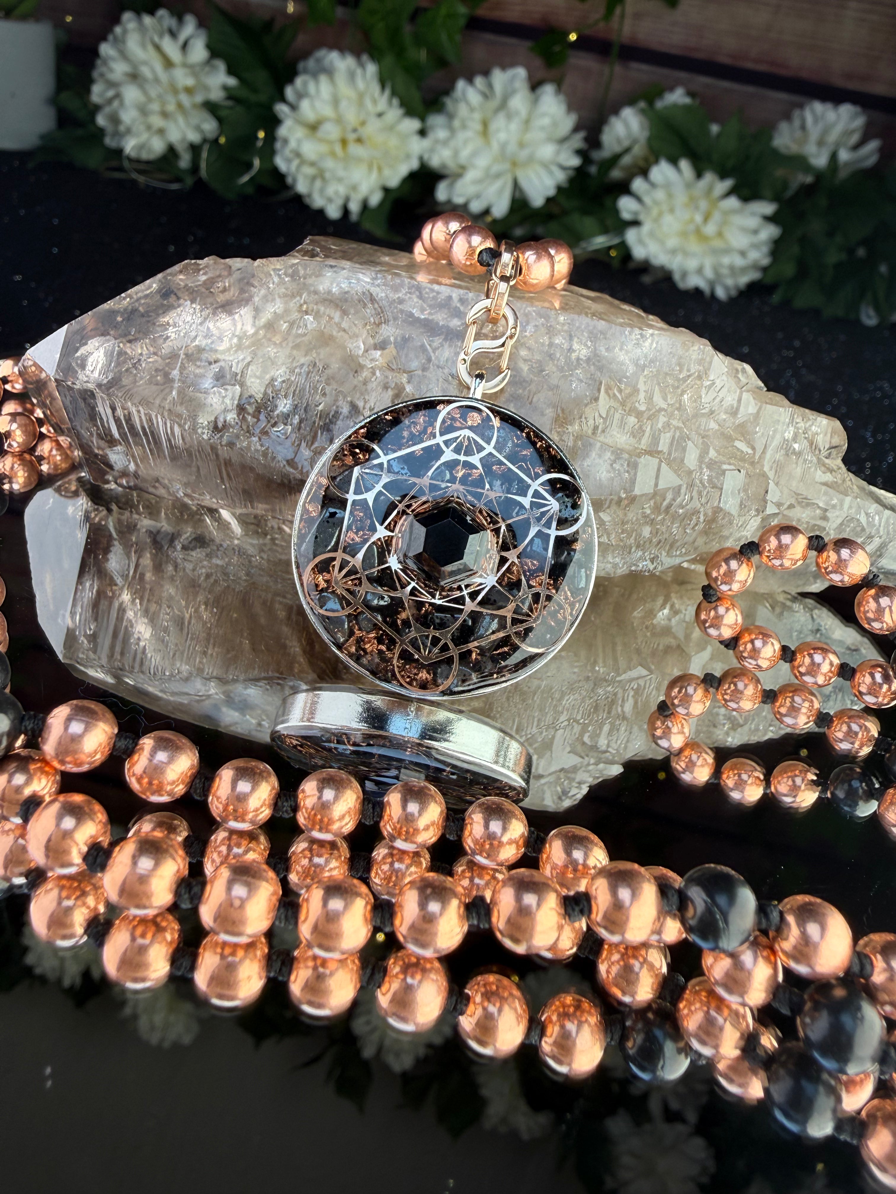 Grounding & Protection~Orgonite Mala with Elite Shungite, Hematite, Black Tourmaline, Diamond Quartz, Clear Quartz, Copper & Black Spinel