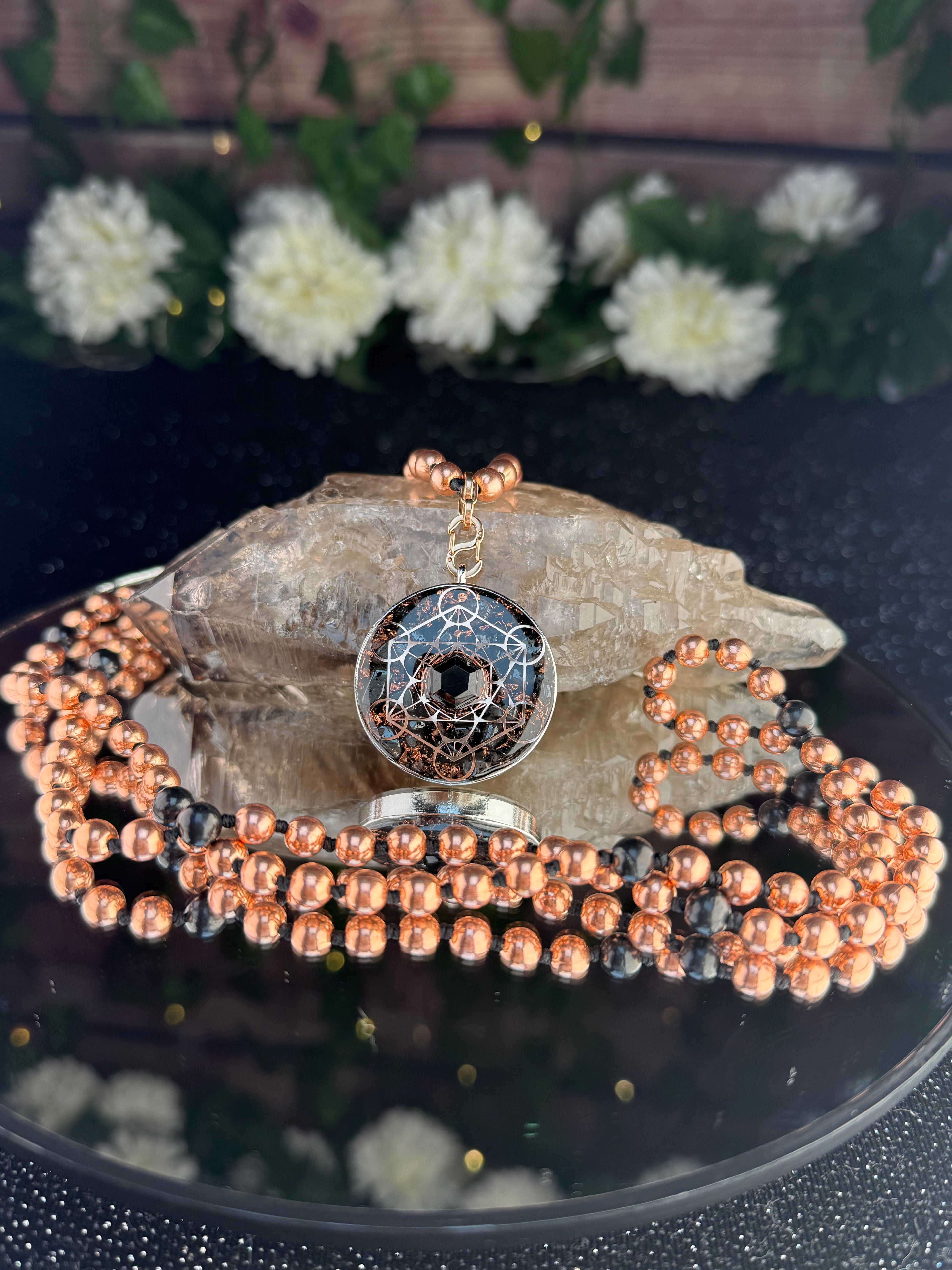Grounding & Protection~Orgonite Mala with Elite Shungite, Hematite, Black Tourmaline, Diamond Quartz, Clear Quartz, Copper & Black Spinel