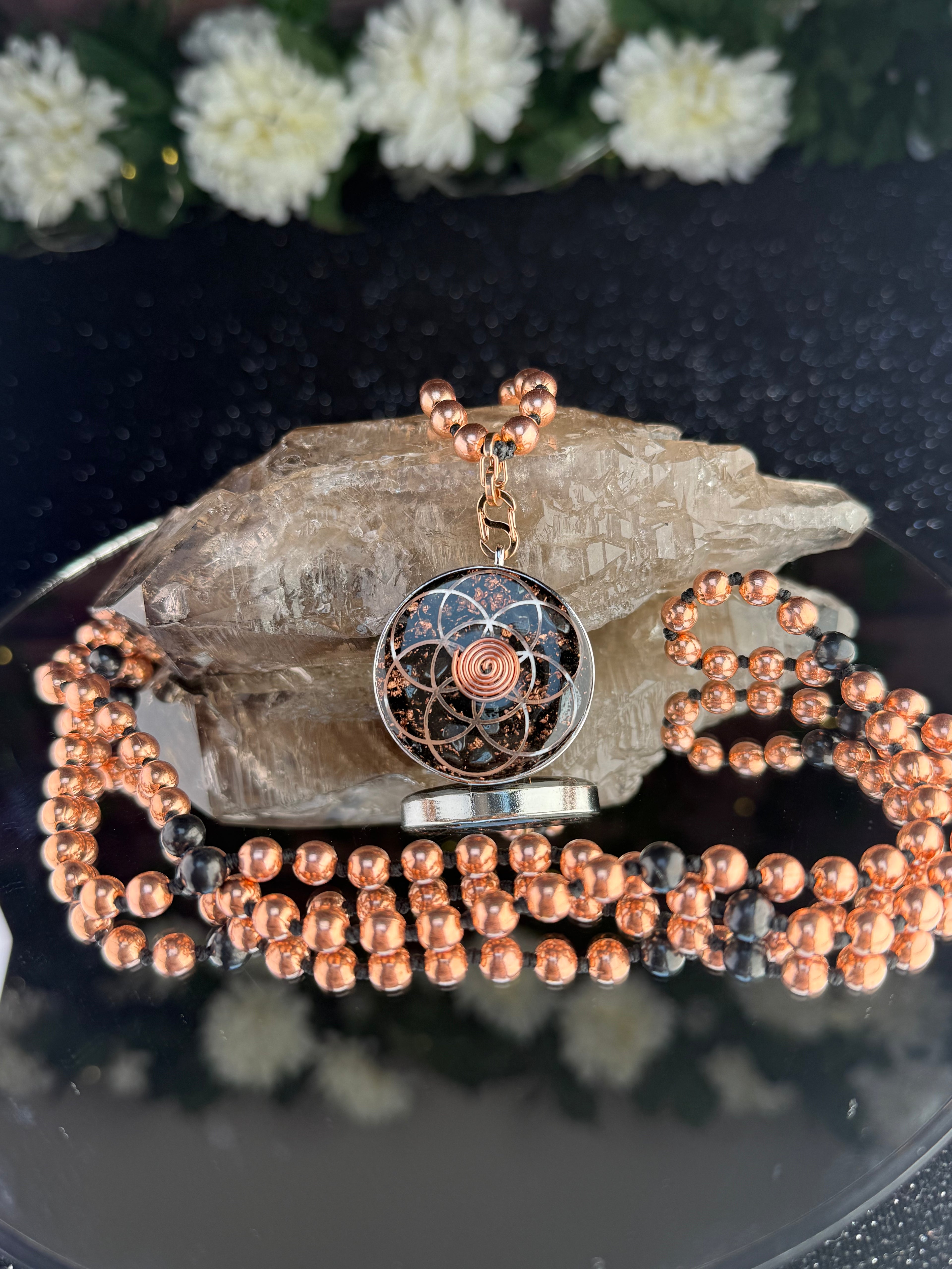 Grounding & Protection~Orgonite Mala with Elite Shungite, Hematite, Black Tourmaline, Diamond Quartz, Clear Quartz, Copper & Black Spinel