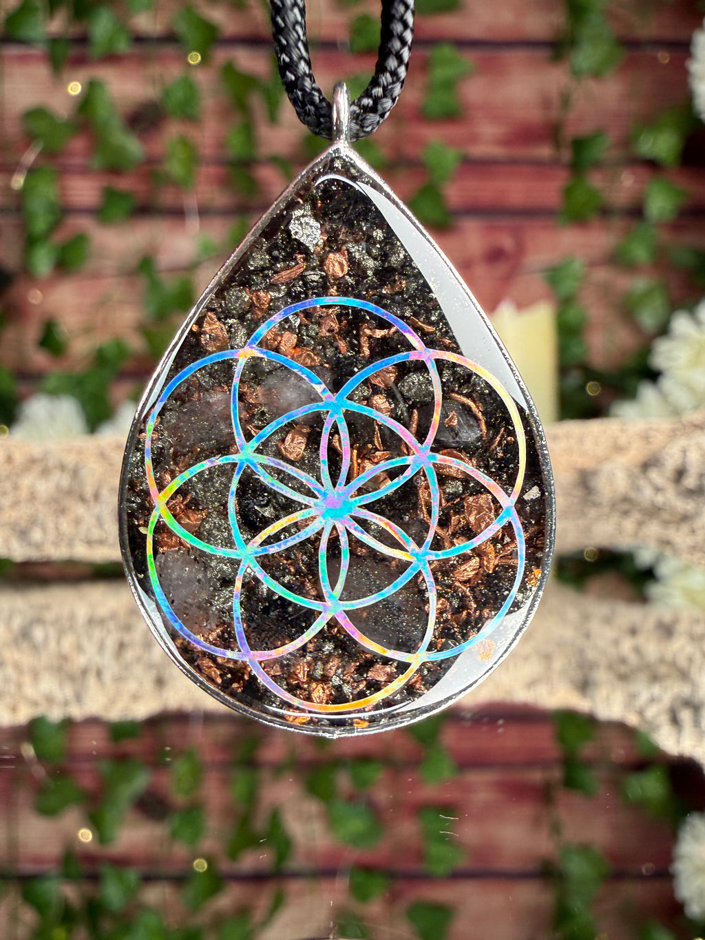 Orgonite w/ Pyrite~Seed of Life + Lotus Dbl Sided