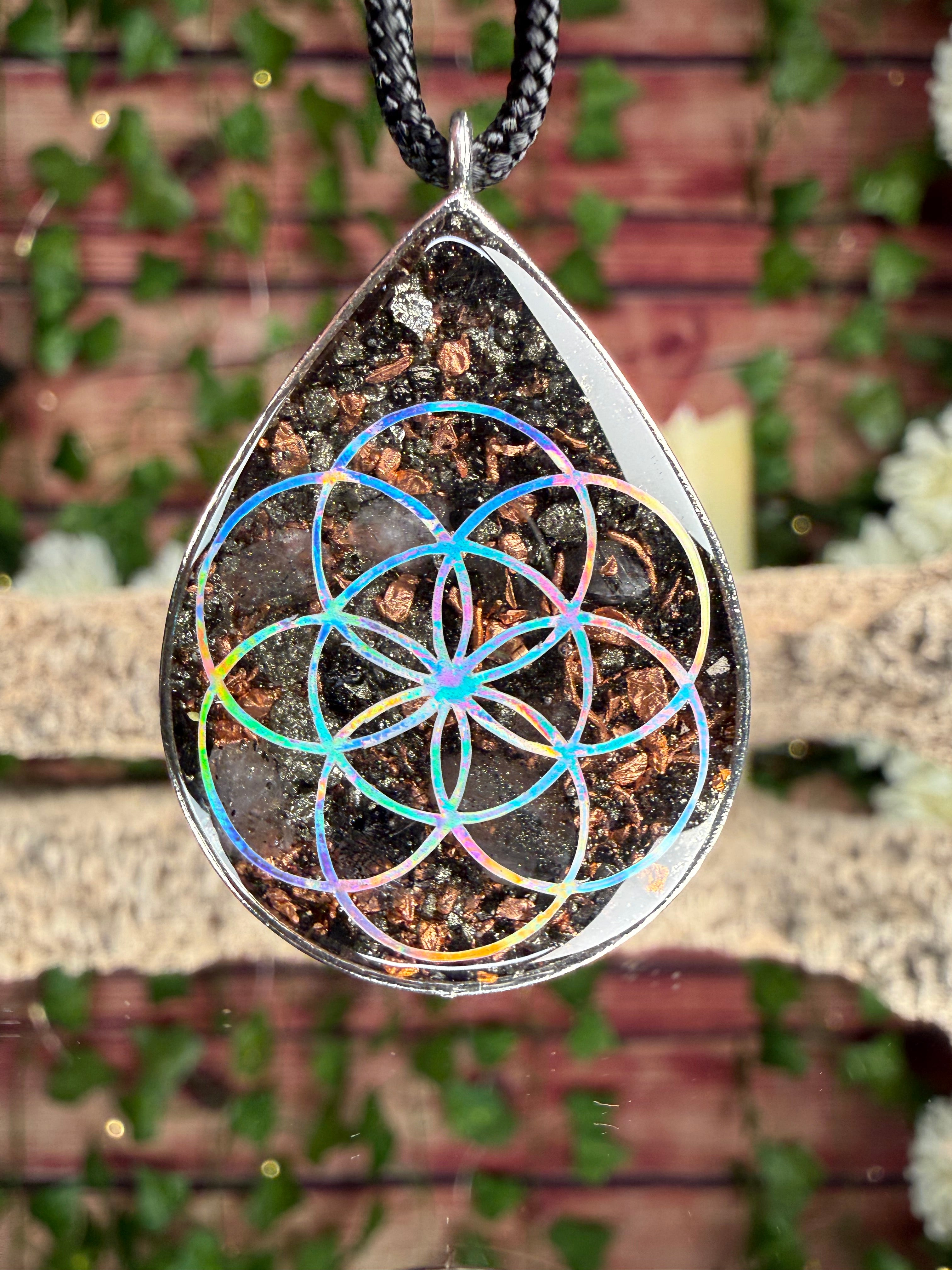 Orgonite w/ Pyrite~Seed of Life + Lotus Dbl Sided