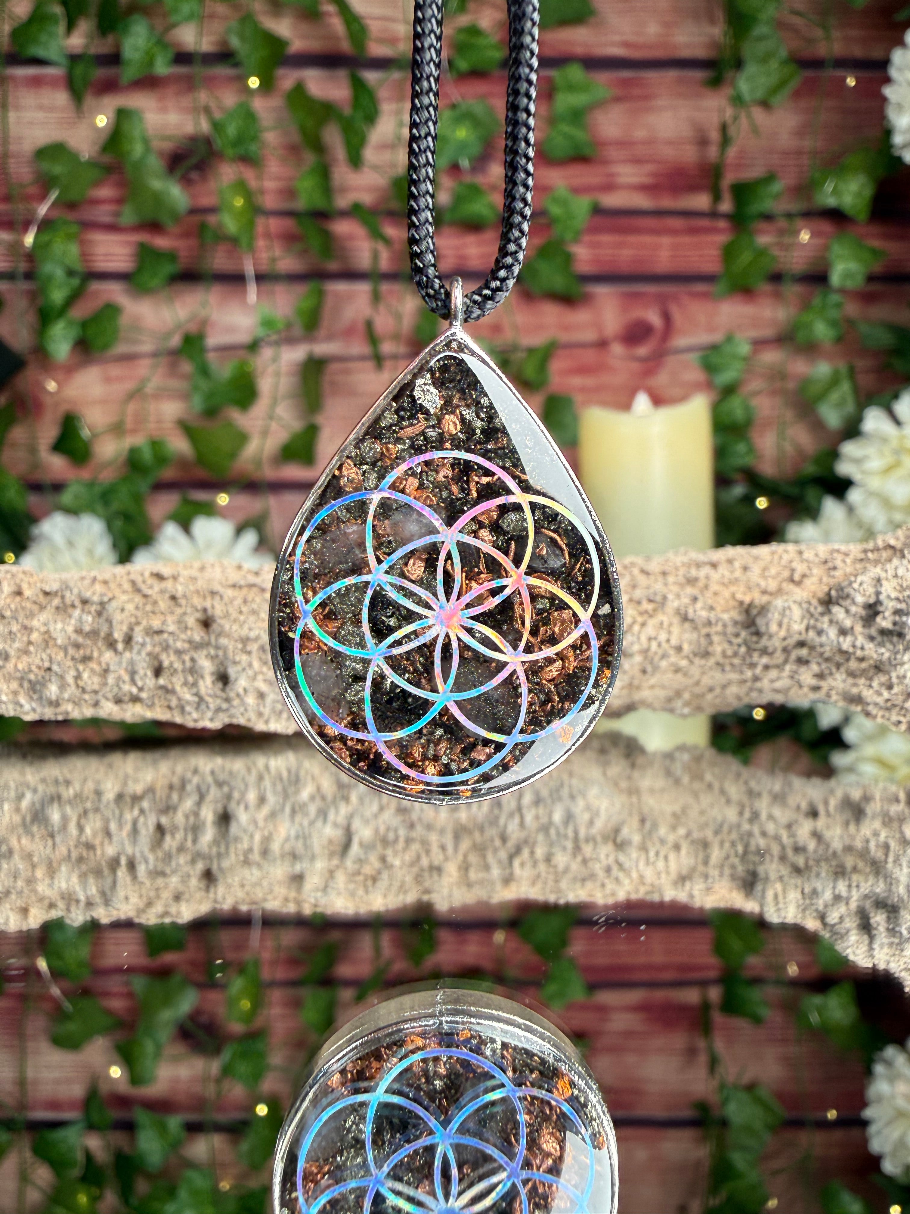 Orgonite w/ Pyrite~Seed of Life + Lotus Dbl Sided