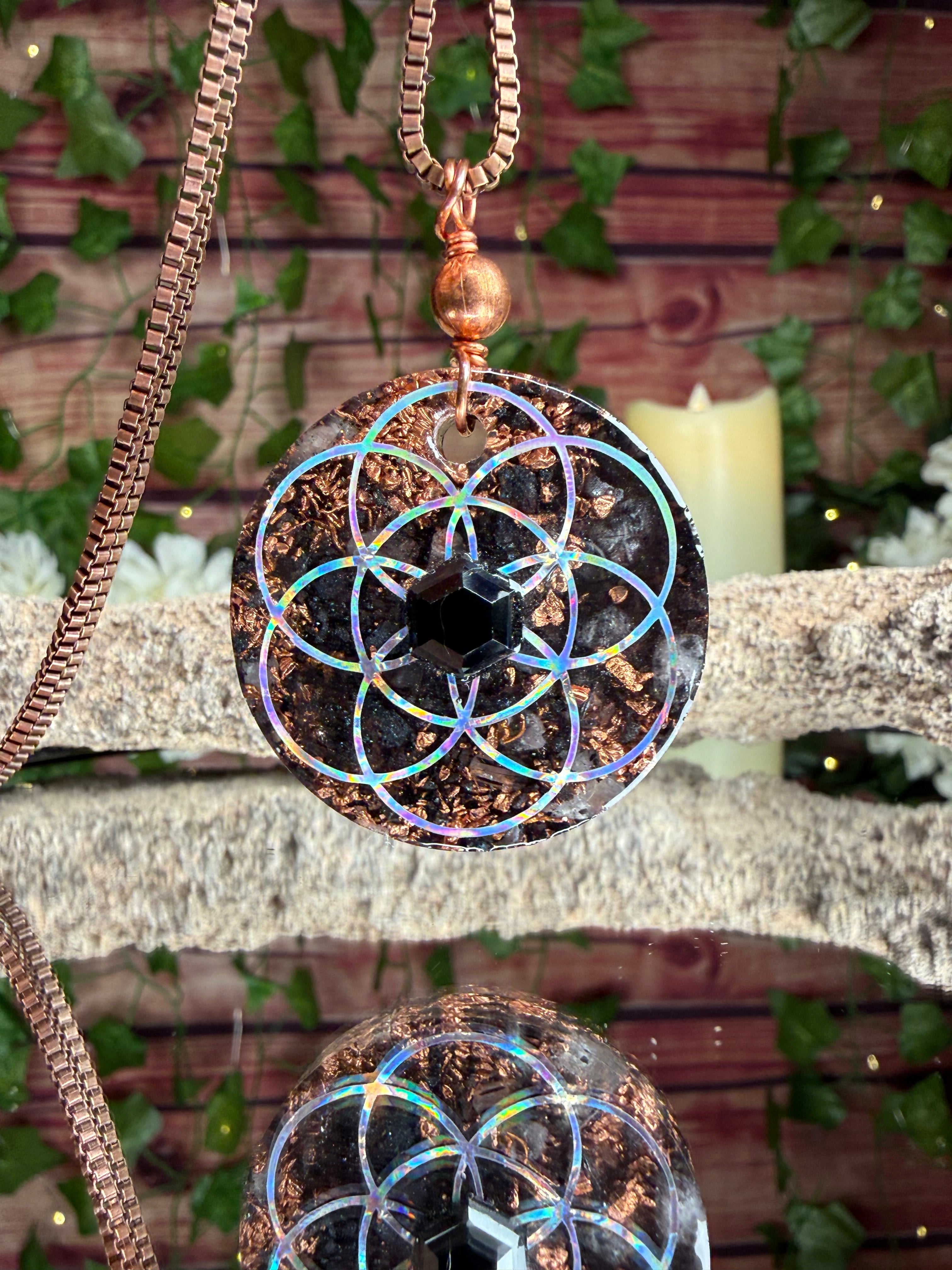 Grounding & Protection Orgonite w/ Black Spinel Cabochon - Dbl Sided w/ Lotus