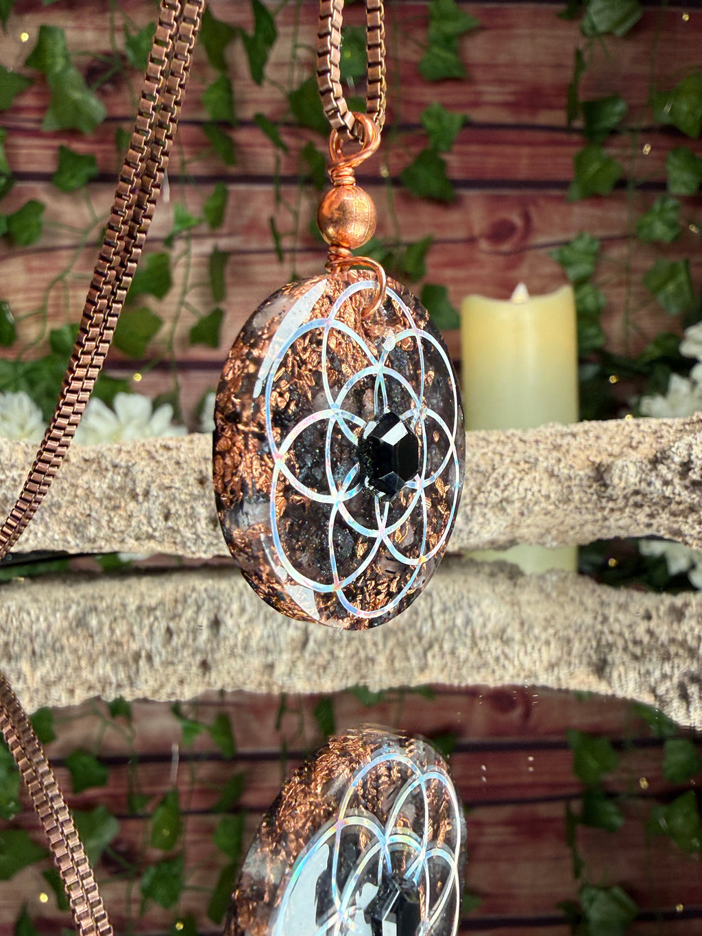 Grounding & Protection Orgonite w/ Black Spinel Cabochon - Dbl Sided w/ Lotus