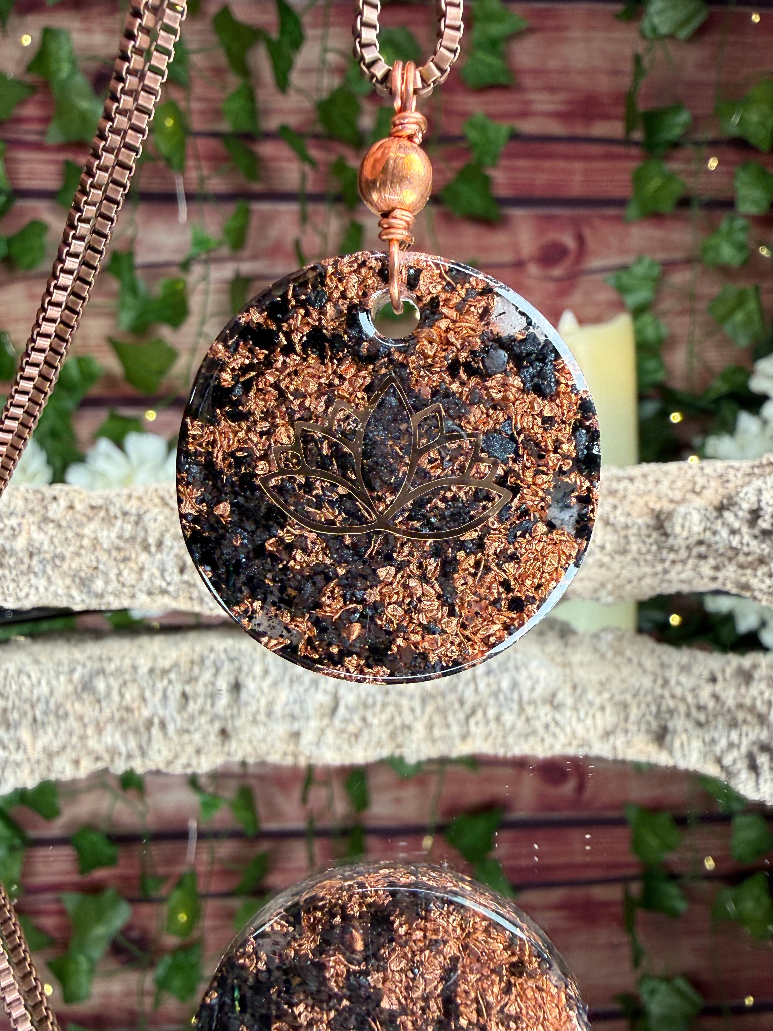 Grounding & Protection Orgonite w/ Black Spinel Cabochon - Dbl Sided w/ Lotus