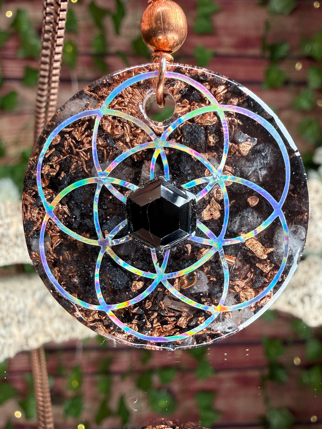 Grounding & Protection Orgonite w/ Black Spinel Cabochon - Dbl Sided w/ Lotus