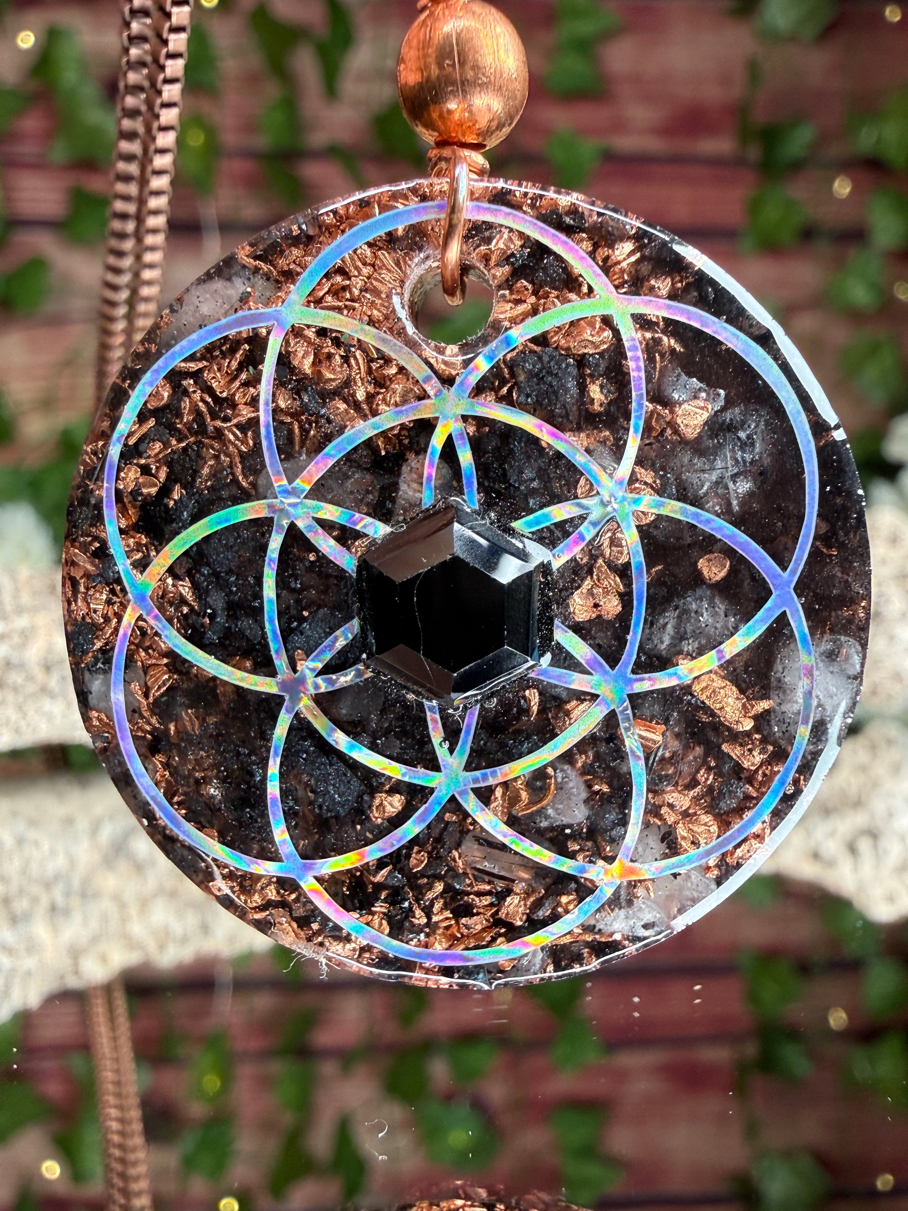 Grounding & Protection Orgonite w/ Black Spinel Cabochon - Dbl Sided w/ Lotus