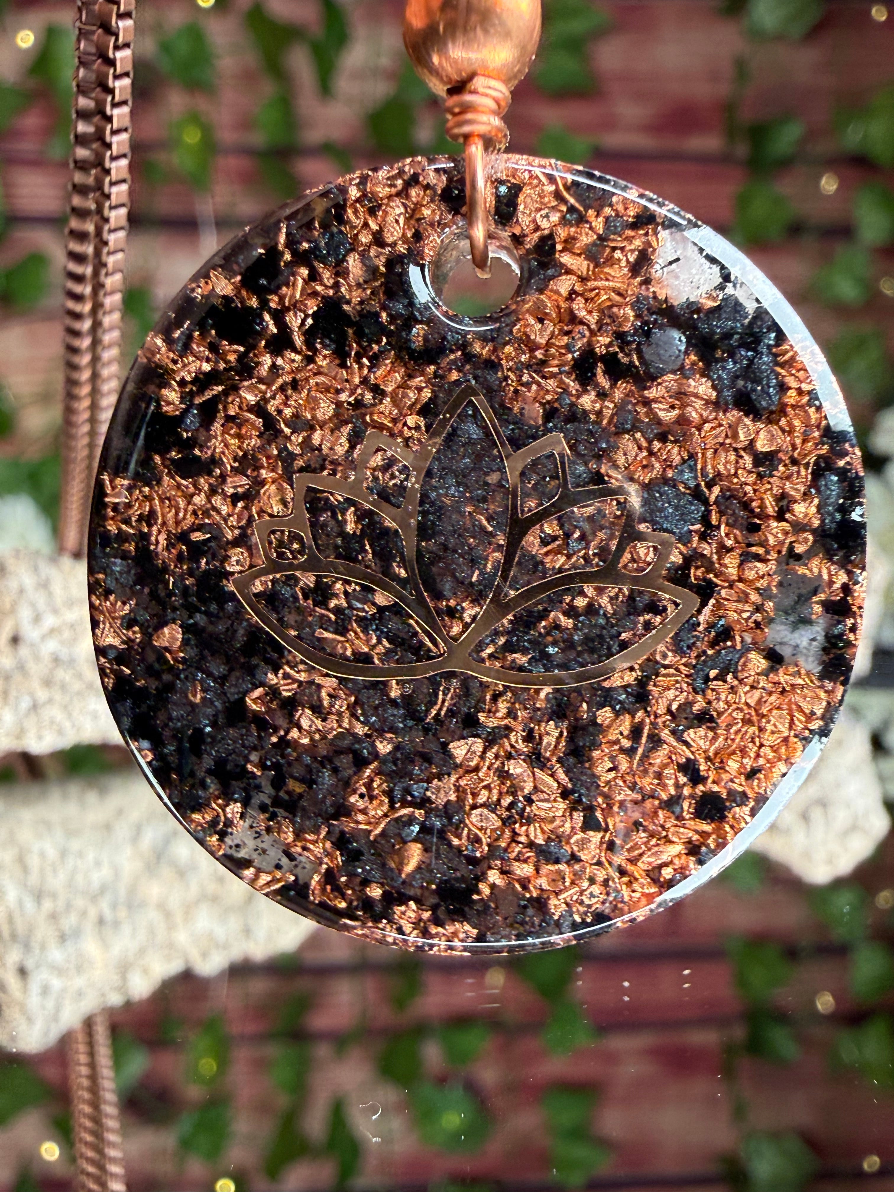 Grounding & Protection Orgonite w/ Black Spinel Cabochon - Dbl Sided w/ Lotus