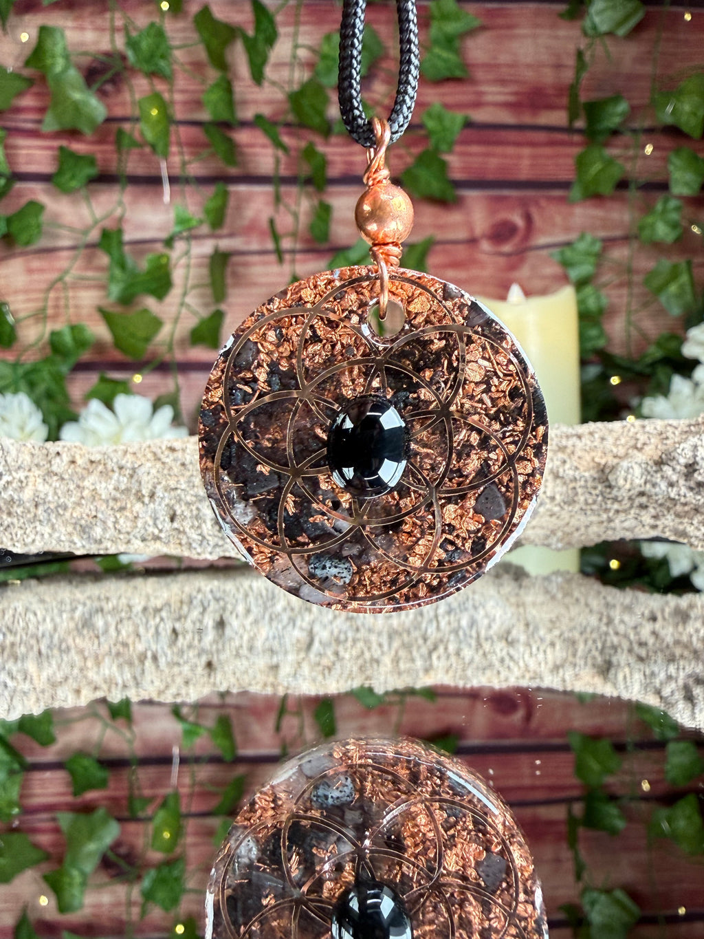 Grounding Orgonite Pendant w/ Onyx Cabochon Dbl Sided