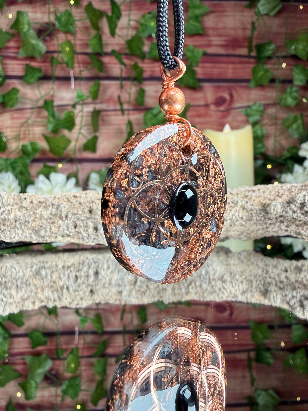 Grounding Orgonite Pendant w/ Onyx Cabochon Dbl Sided